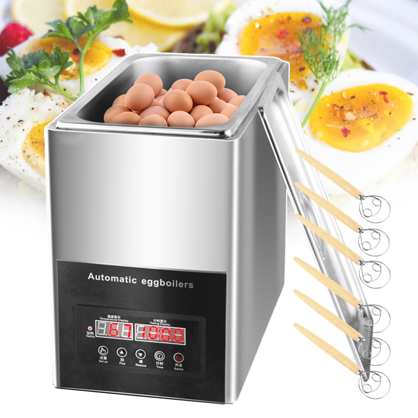 Cuiseur à œufs électrique commercial avec minuterie de 0 à 99 minutes, cuiseur à œufs de 9 L, grande capacité, 800 W, machine de cuisson d'œufs en acier inoxydable pour un nettoyage facile (avec 6 b