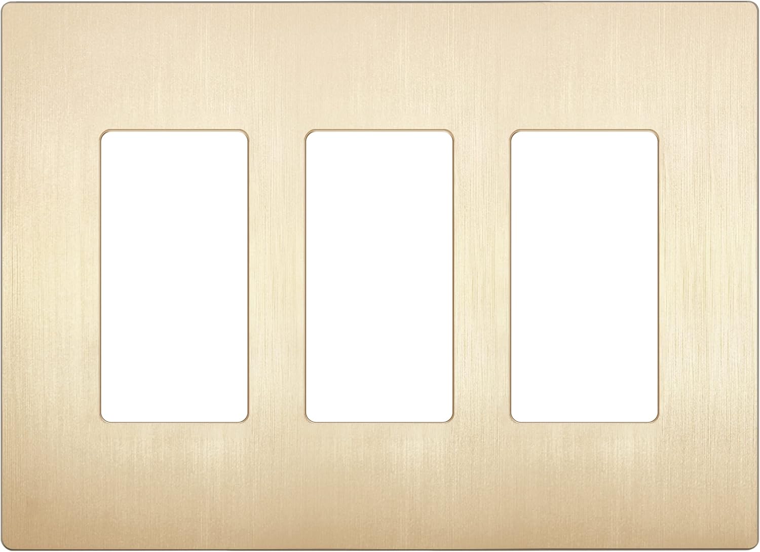 LIDER Brushed Gold Screwless 3-Gang Wall Plate - Mid-Size Decorator Switch Cover, Unbreakable Polycarbonate, UL Listed, LSWP-33M-BGD