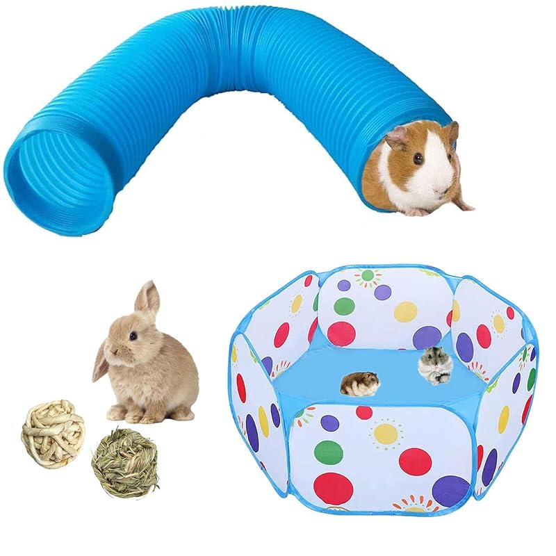 Túnel Dobrável para Pequenos Animais Hamiledyi com Cercado Portátil e Bolas de Erva Natural, Blue, Conjunto com 4 Peças