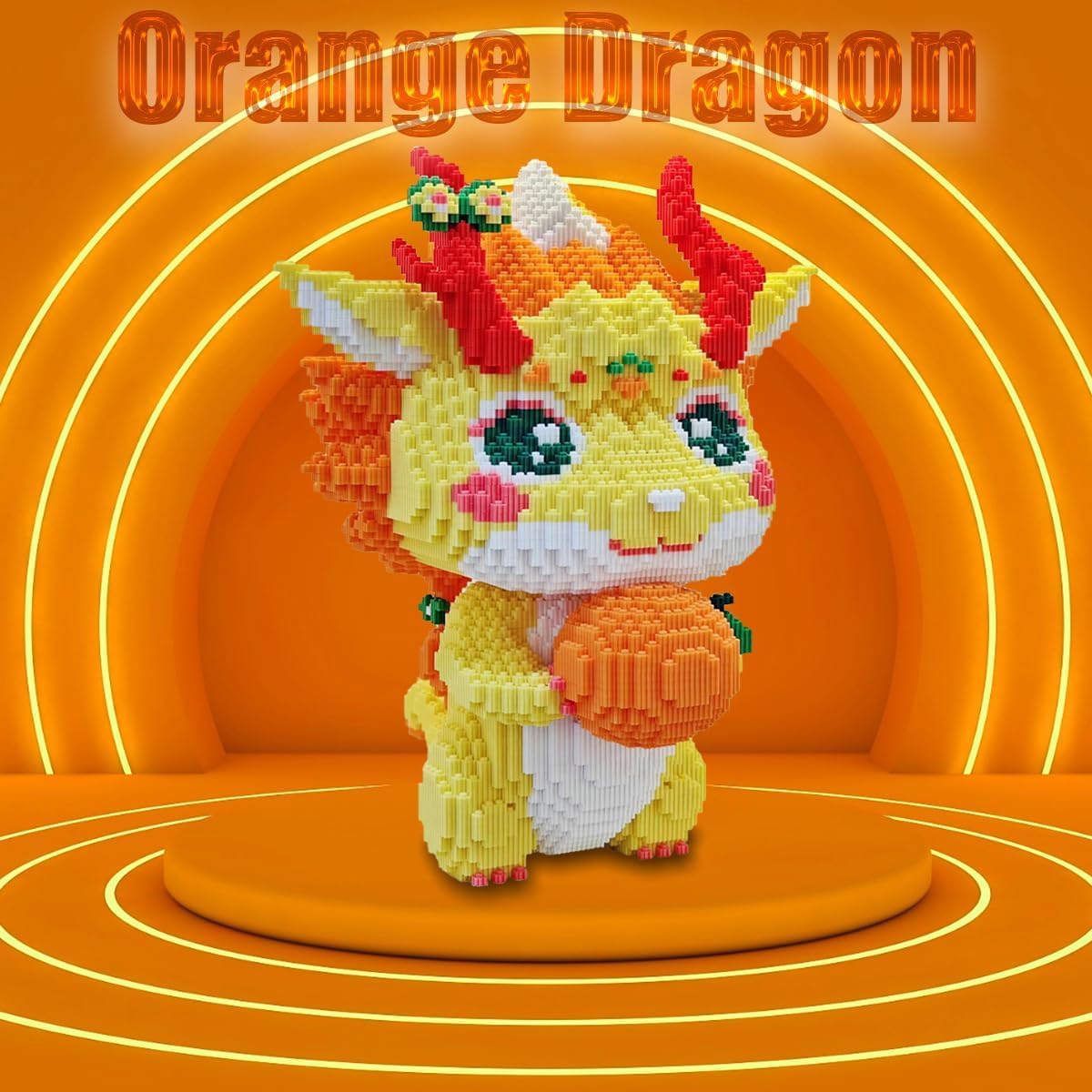 Front three-quarter view of the assembled HONLANCH Orange Dragon Micro Building Blocks Set, showcasing its intricate details.