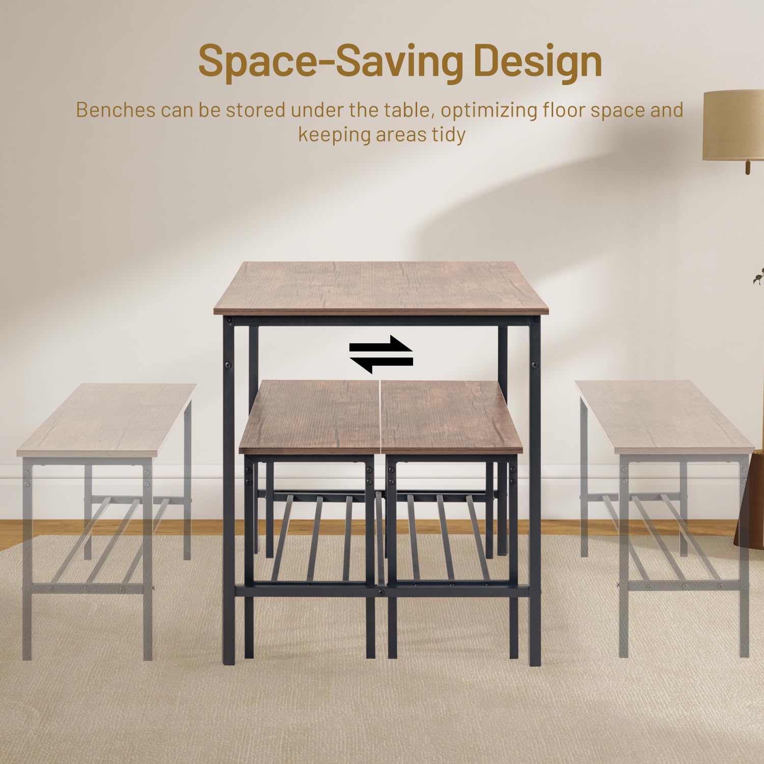 Dining Table Set for 4, Kitchen Table Set with 2 Dining Benches, 3 Piece Dining Room Table Set W/Storage Shelf, Metal Frame & MDF Board, Space-Saving Dinette for Kitchen, Dining Room, Rustic Brown
