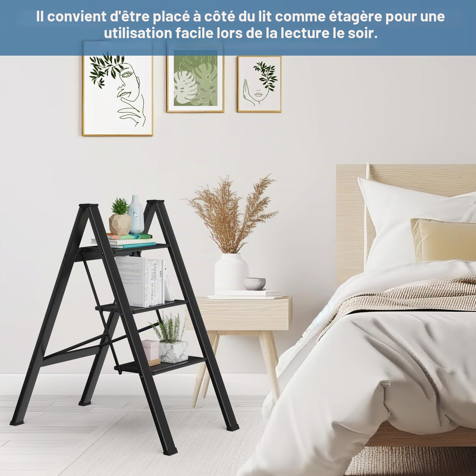 Échelle Aluminium Pliante à 3 Étapes - Antidérapante - Portable - Charge max. 150 kg - Pour Cuisine, Maison, Bureau, Peinture DIY (Noir)