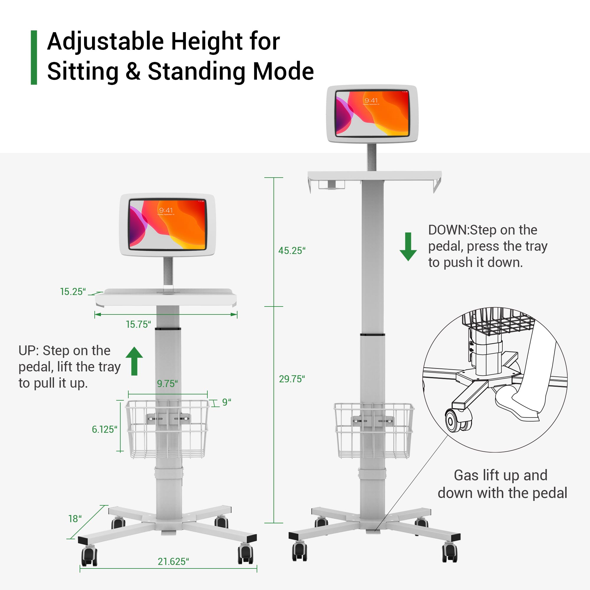 SC403W Chariot médical mobile pour ordinateur portable compatible avec iPad de 11 à 11", hauteur réglable, poste de travail pour hôpital, clinique, salon, restaurant