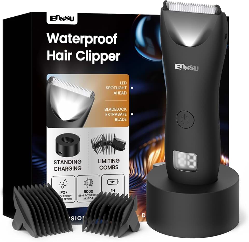 ENSSU Aparador de pelos corporais masculino – Aparador Meridiano à prova d'água com luz LED, motor rápido de 6000 RPM, 5 configurações de comprimento, IPX7 para púbico, peito e bolas (Preto)