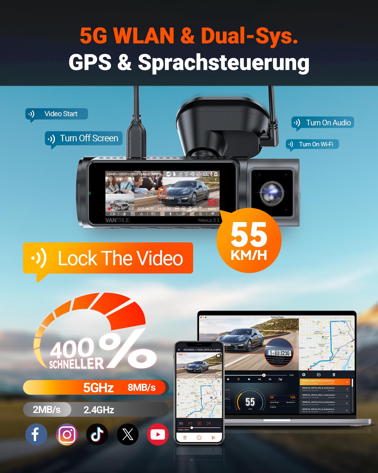 VANTRUE N5S 4 Kanal STARVIS 2 Dashcam 2.7K+ 1080P+ 1080P+ 1440P HDR+ WDR 5G WLAN Sprachsteuerung GPS 24Std. Parkmodus