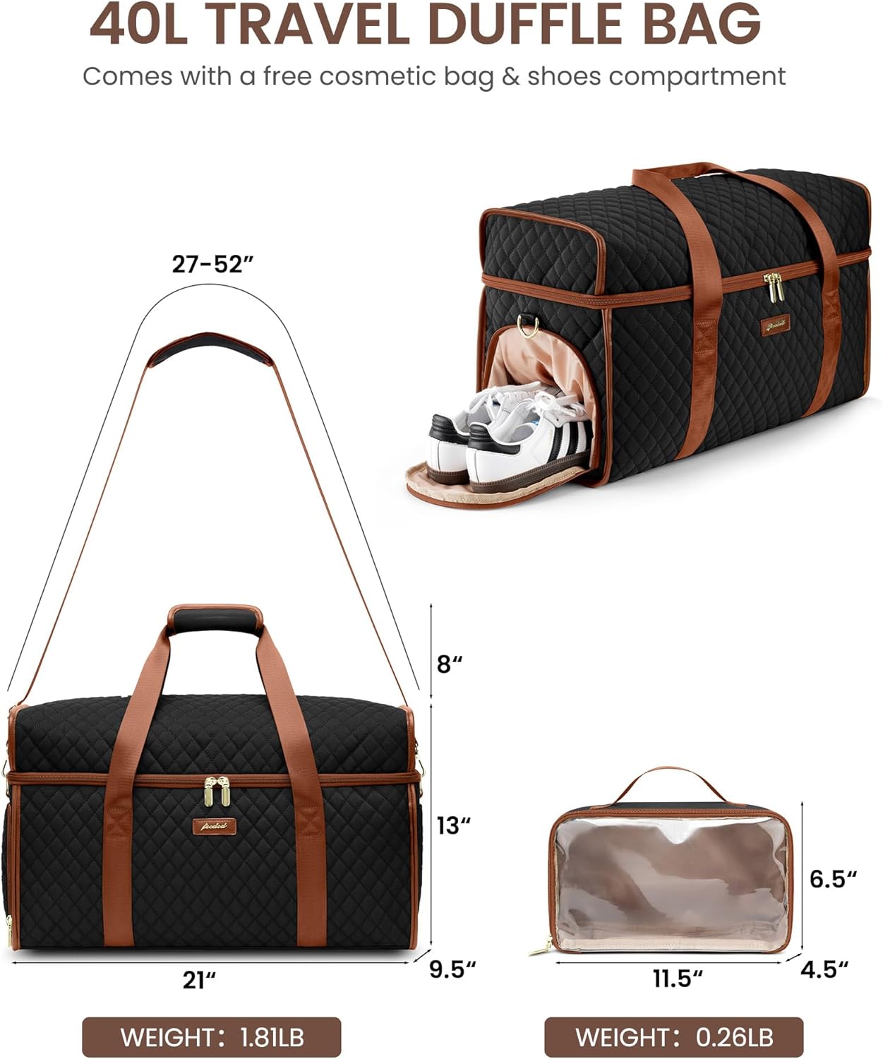 Weekender Travel Duffle Bag for Women: Overnight Bags with Shoe Compartment Carry on Bags for Airplanes with Toiletry Bag Weekend Yoga Gym Bag with Wet Pocket Black Brown