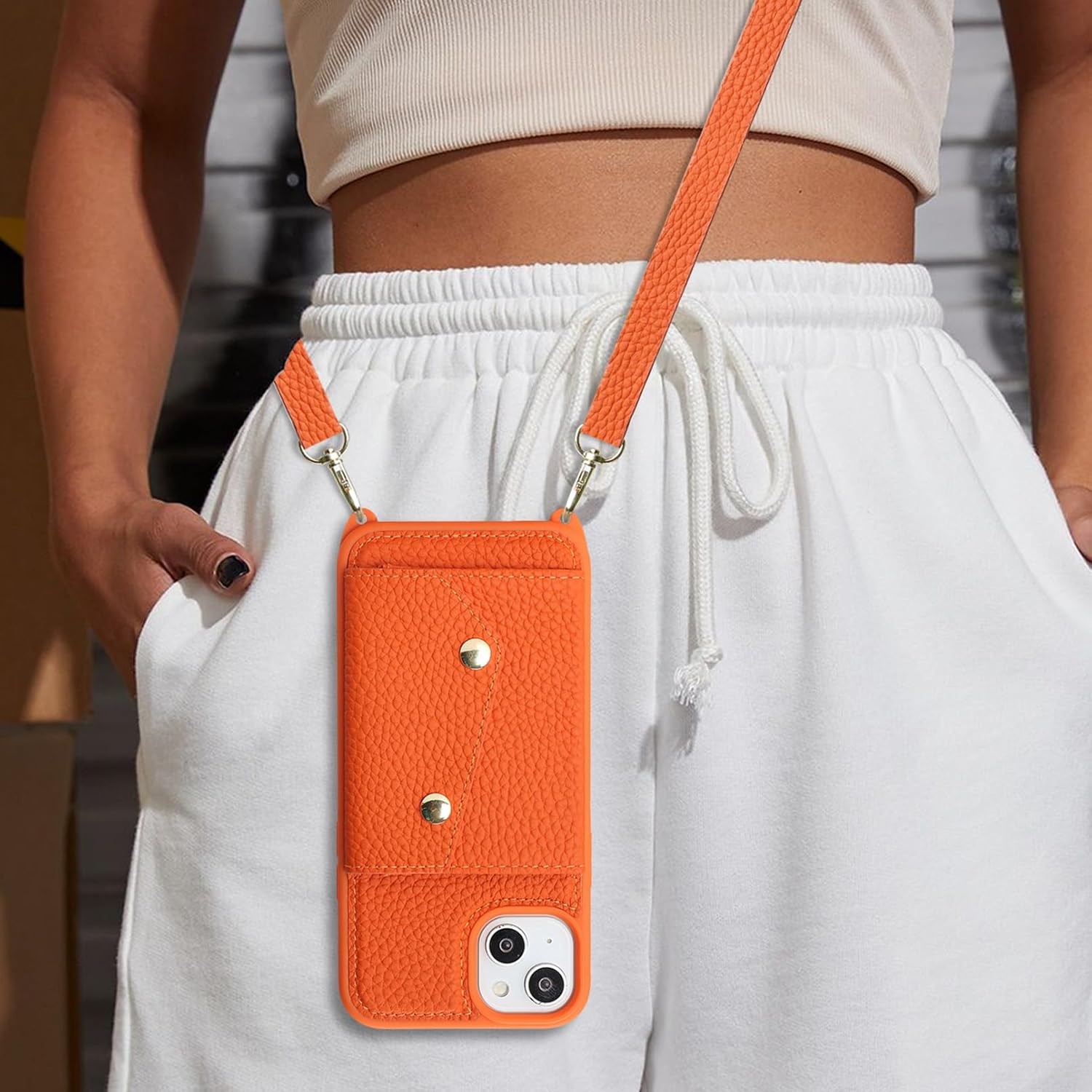 Jaorty Genuine Leather Wallet Case for iPhone 14/13, Necklace Lanyard Case Cover with Card Holder & Cash Pocket for Women Girls,Magnetic Snap,Anti-Lost Shoulber Strap 6.1 inch,Orange