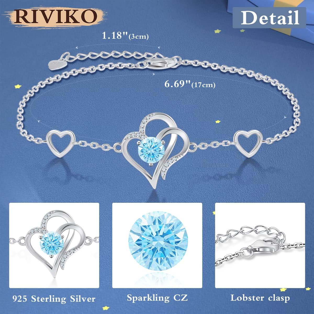RIVIKO Love Heart Charm Bracelet For Women 925 Sterling Silver With Zirconia Birthstone Bracelets Adjustable Link for Mother Wife Sister Birthday Christmas Day Anniversary Jewelry Gift - Image 4