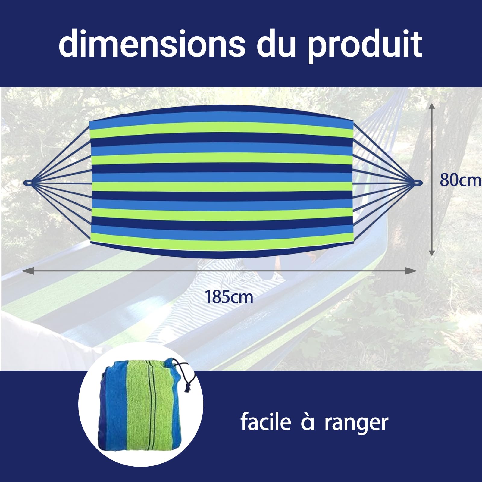 Hamac Exterieur en Toile 185x80 cm, léger et Pliable avec Sac de Transport, Parfait pour Camping, Jardin, Balcon, terrasse, Plage et Voyage