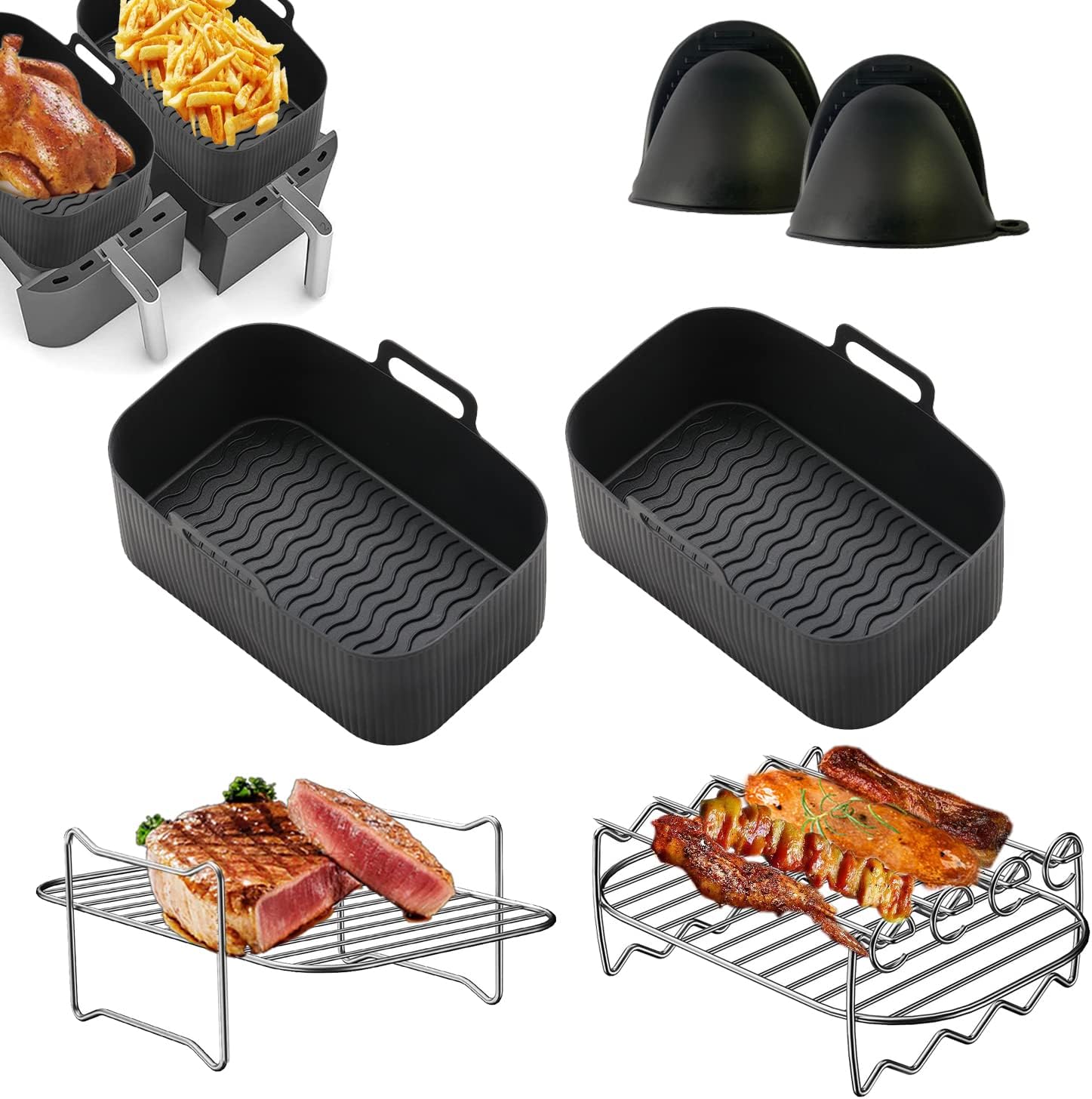 Air Fryer Accessories for Ninja Dual Air Fryer, Silicone Air Fryer Liner for Ninja AF300UK AF400UK AF451UK AF500UK & 7.6L-9.5L Including Silicone Pot, Air Fryer Rack and Mitts