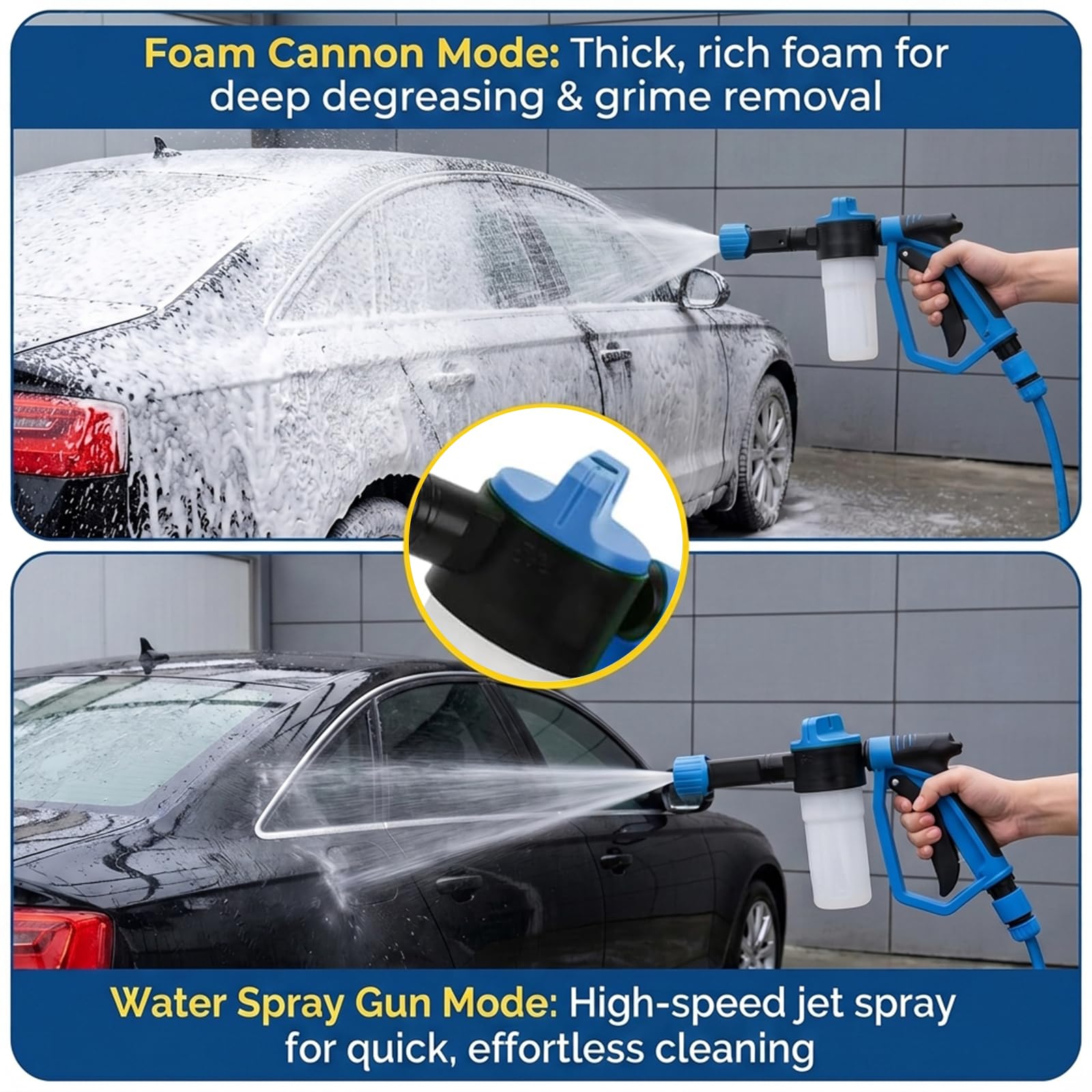 Pistola a Schiuma per Autolavaggio, Kit Pulizia Auto con Cannone a Schiuma, Guanto in Microfibra, 3 Modalità ad Acqua, Lancia a Schiuma per Auto e Irrigazione Giardino
