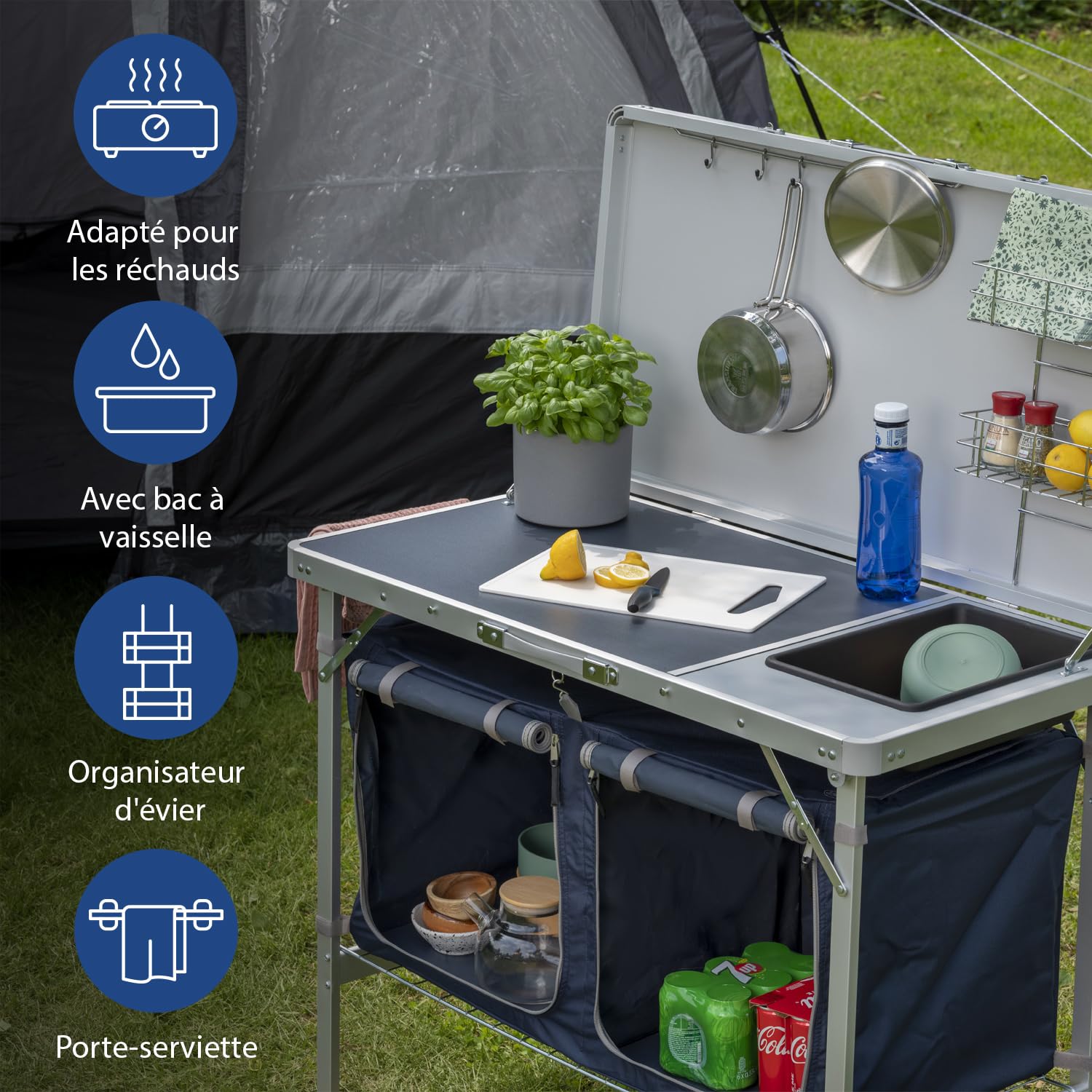 Campart Cuisine de camping pliable Salamanca - 2 compartiments - Bac à vaisselle & auvent - Sac de transport inclus - Armature en aluminium