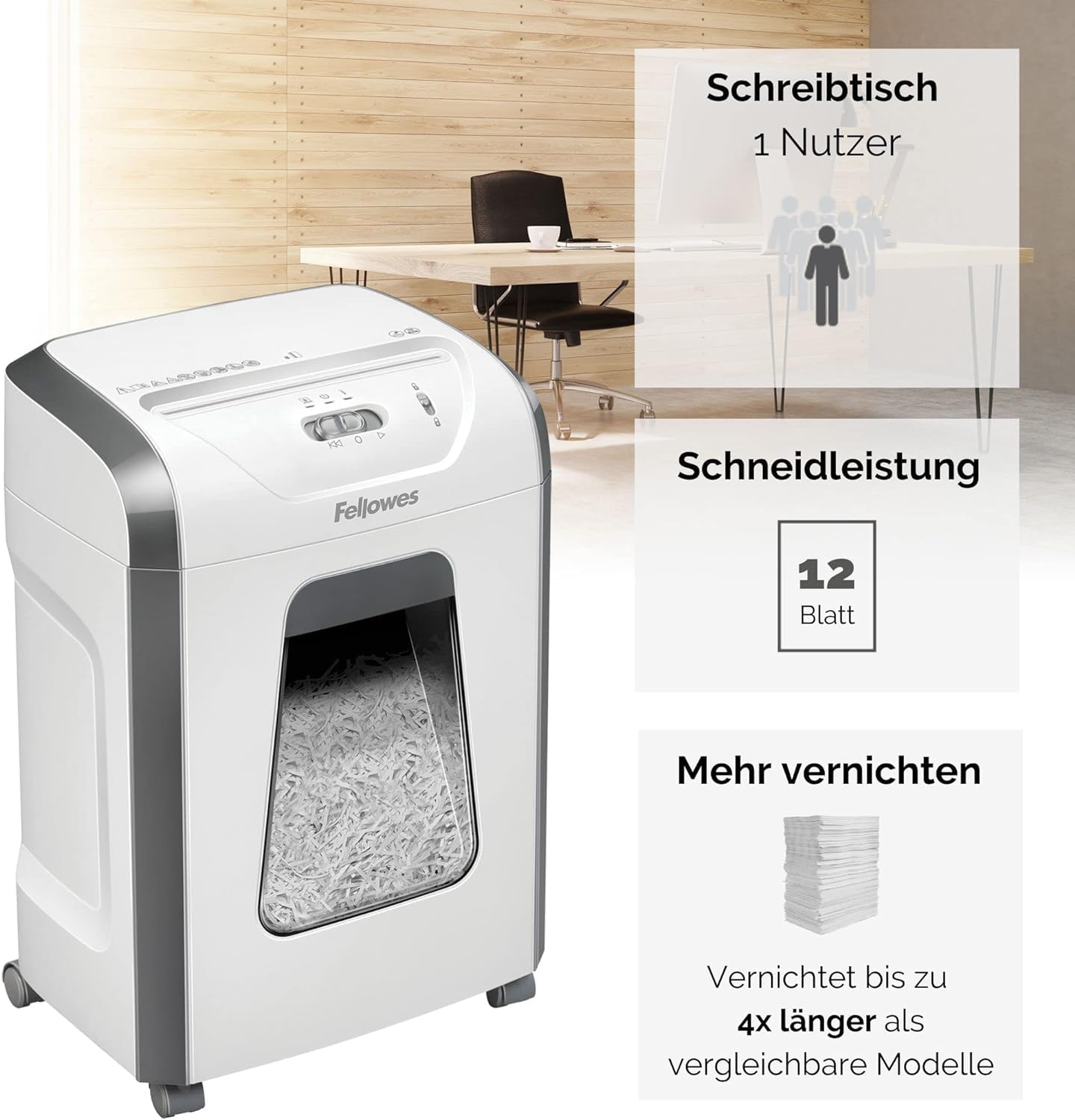 Fellowes Aktenvernichter, Papierschredder für 12 Blatt Partikelschnitt, Aktenvernichter P4, Schredder für Büro und Homeoffice, Powershred FS-12C, mit 19L Papierkorb, verarbeitet Kreditkarten, Weiß