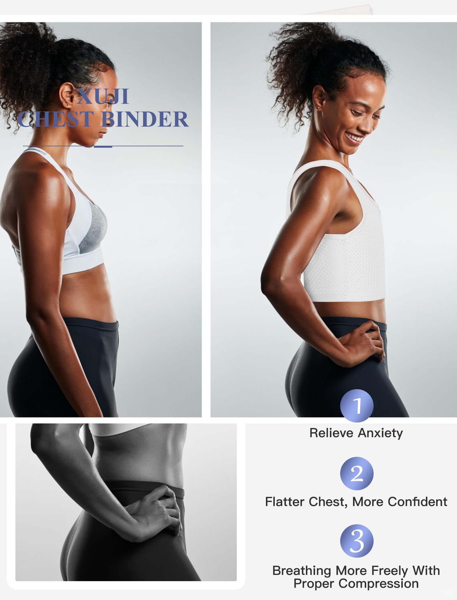 XUJI Binder Traspirante con Cerniera per Compressione - Reggiseno Compressivo per Transgender, FTM, Tomboy e Cosplay (W, 2XL)