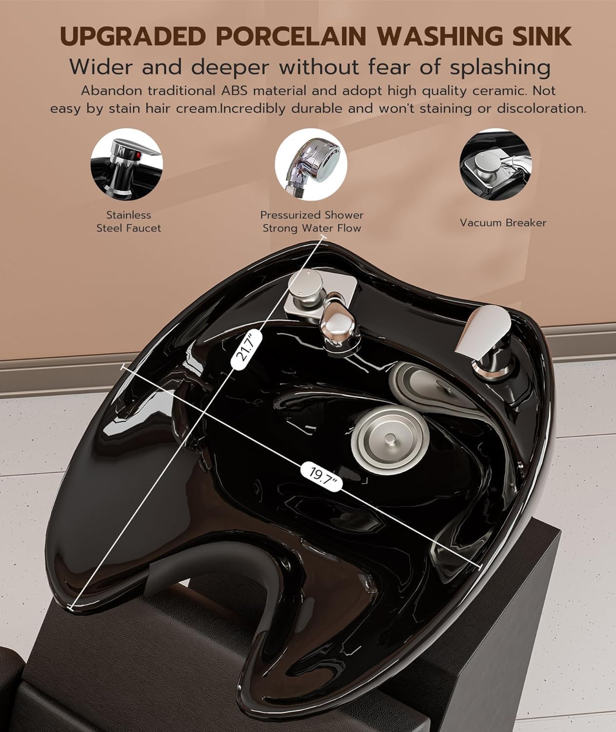 OKAKOPA Shampoo Bowl and Chair Set for Salon, Backwash Hair Washing Station with Tilting Ceramic Sink, Barber Hair Washing Unit for Hairstylist