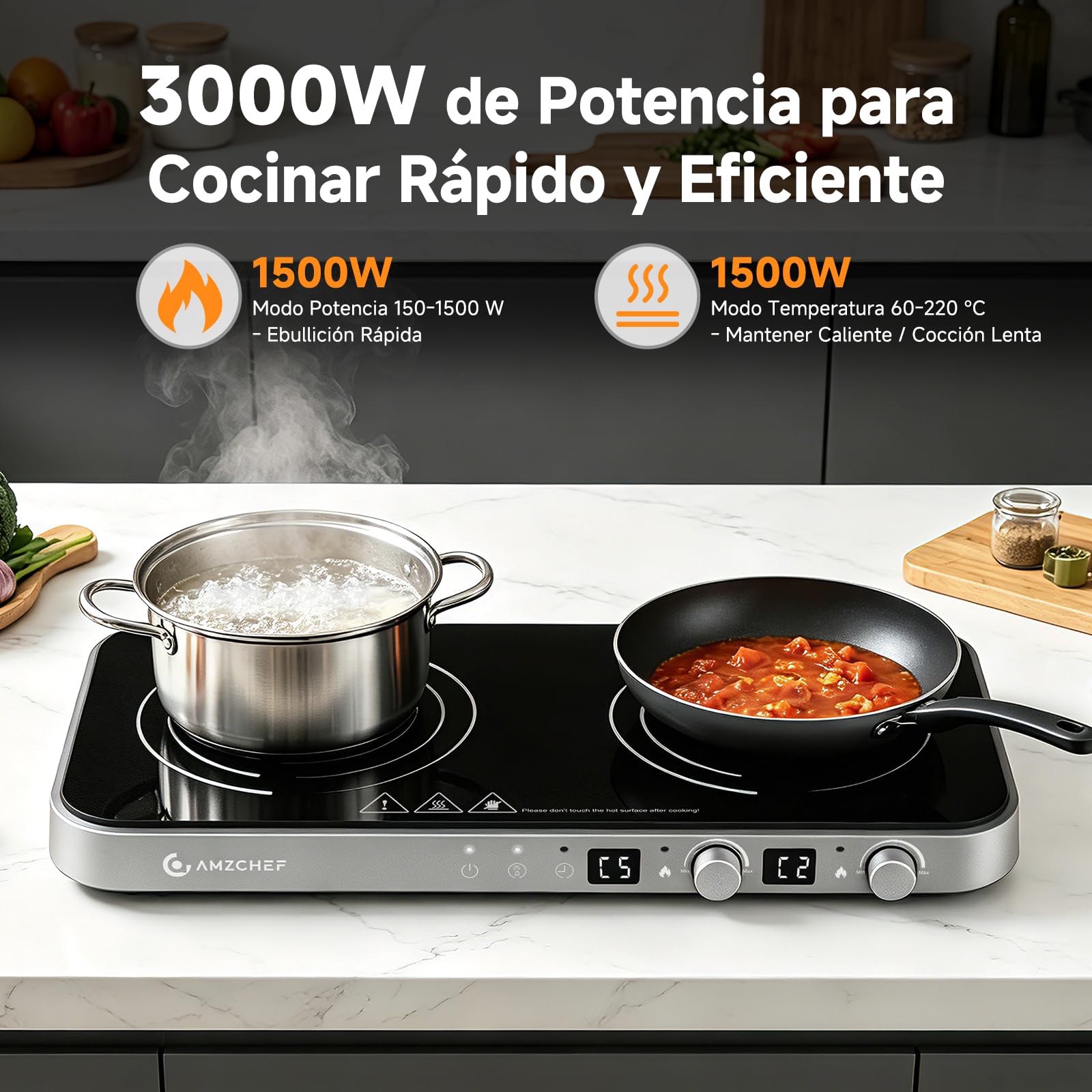 AMZCHEF 3000W Placa de Inducción Doble, Placa de Inducción 2 Fuegos Portátil con Plancha Grill Extraíble, 9 Niveles de Potencia/Temperatura, para Barbacoa Interior y Autocaravana, Gris Hierro