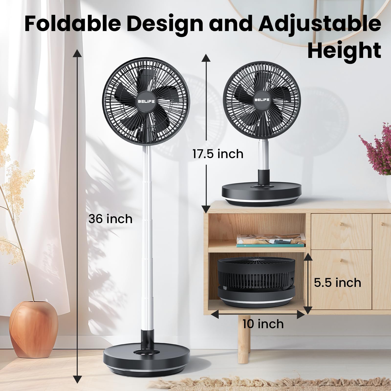 Belife X10 Ventilatore portatile, senza fili, a batteria, 7200 mAh, ventilatore oscillante ricaricabile, telecomando e pieghevole telescopico ventilatore da campeggio (nero)
