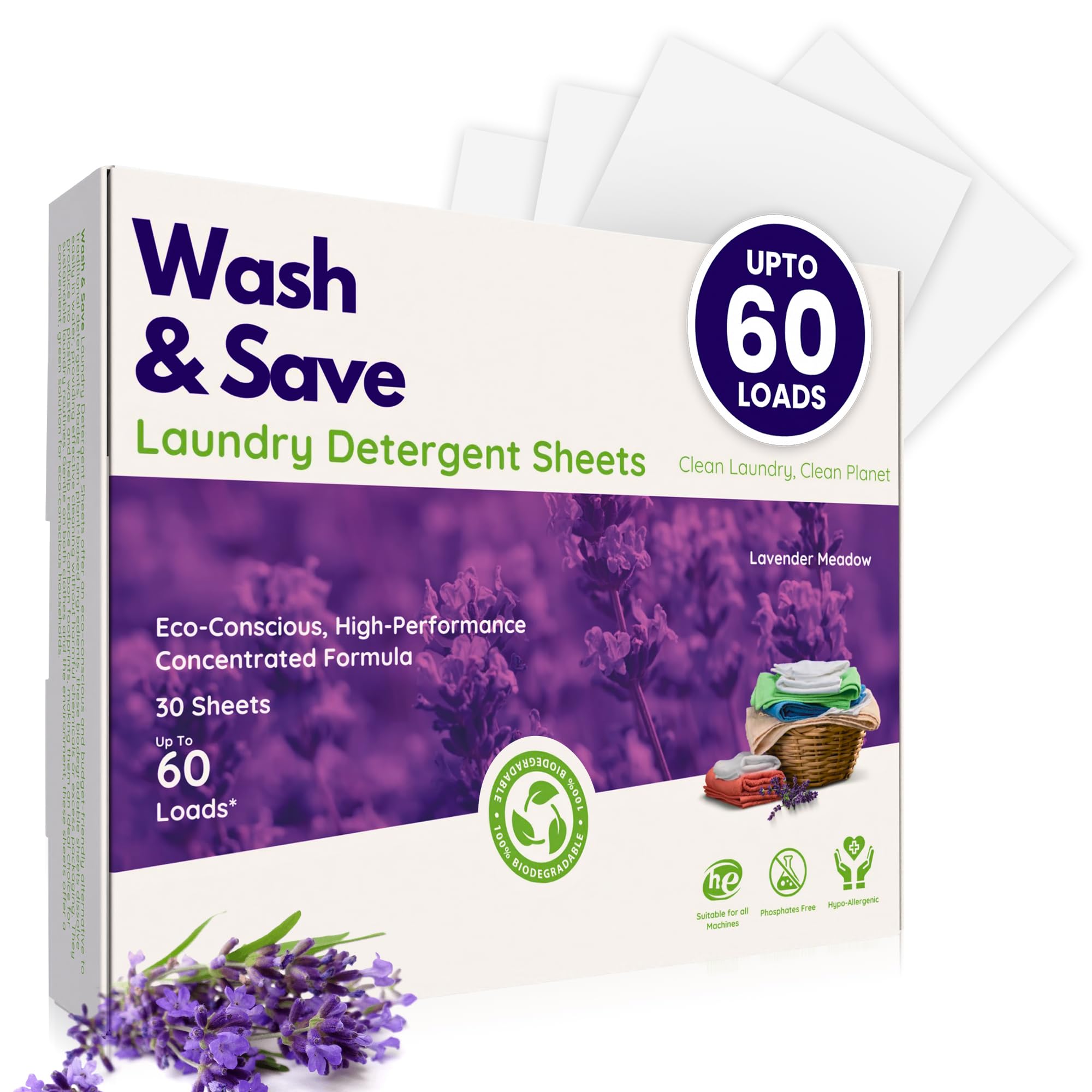 WASH & SAVE Laundry Detergent Sheets (60 Loads, 30 Sheets) | Plant Based, Eco-Friendly, Hypoallergenic Liquidless Detergent, Perfect for Travel & Dorm