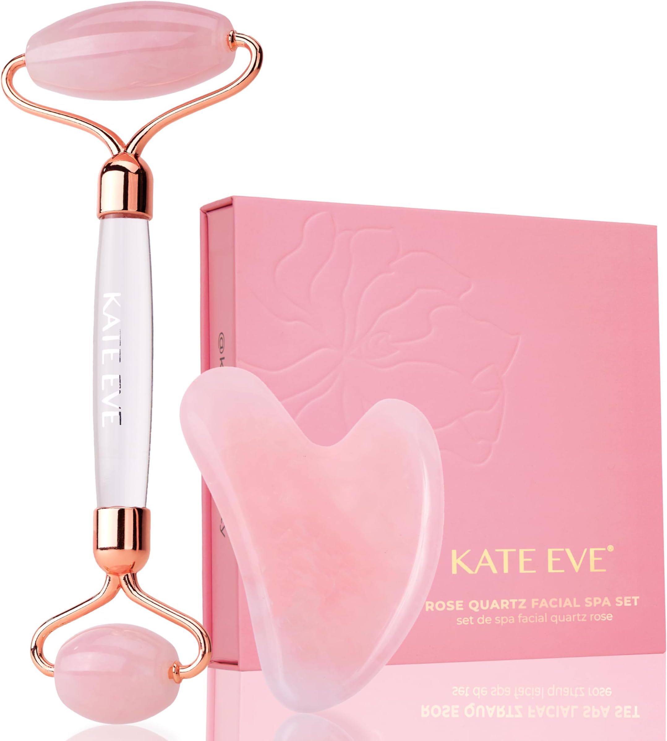 Rose Quartz Roller & Gua Sha Set – Luxury Facial Spa Gift for Women | 100% Natural Brazilian Rose Quartz | De-Puffing Skincare Tool