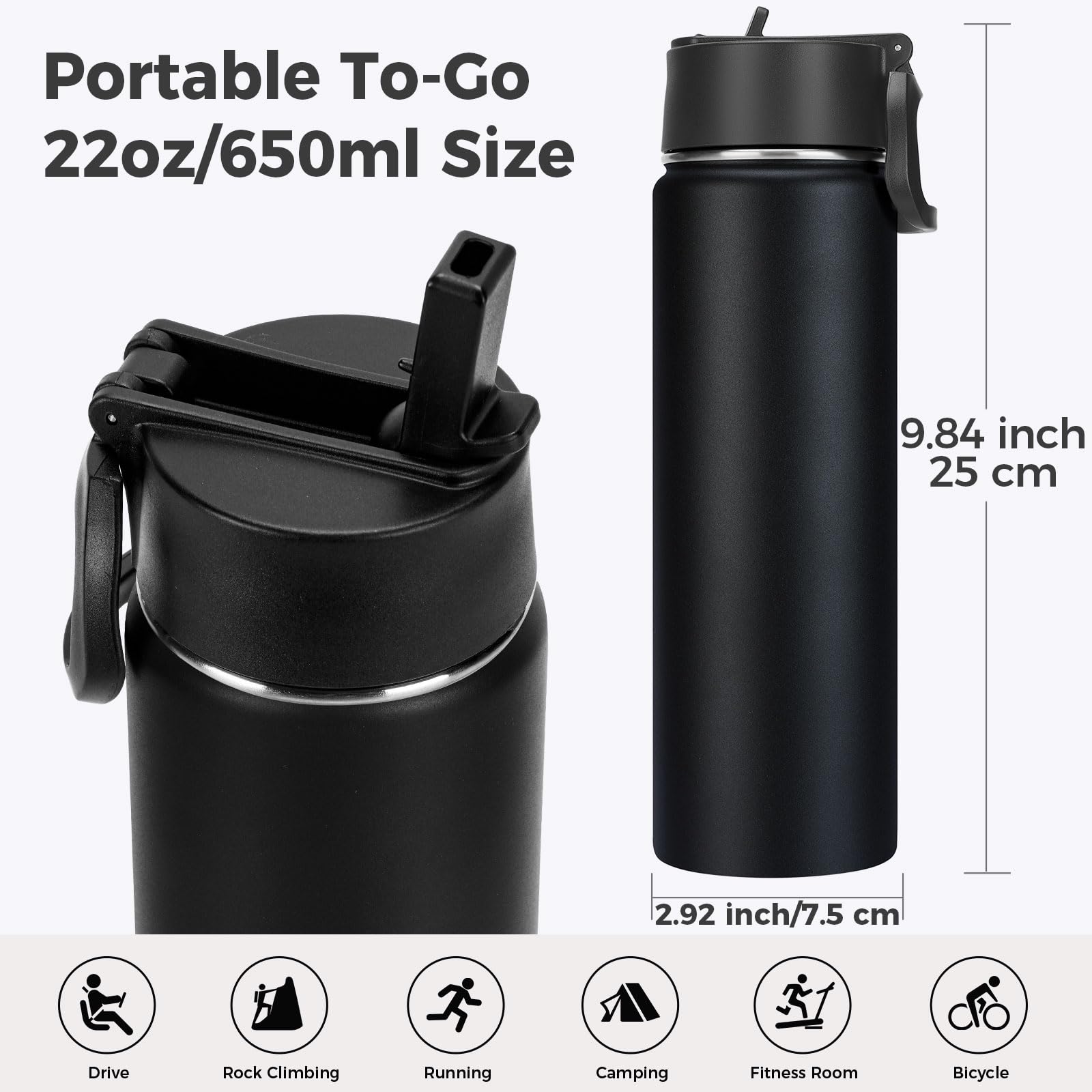 Neihepal Botella de agua con aislamiento de doble pared de 22 onzas (negro, juego de 4)