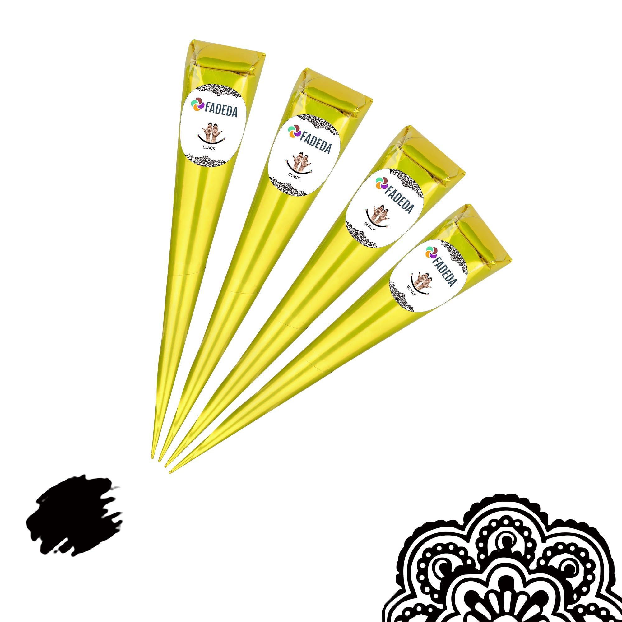 4 coni di hennè FADEDA | 4 x 25 g pasta naturale | nero | 100% vegetale | pronto all'uso e senza PPD | Vegano | Biologico | Halal | Mehandi | Mehndi