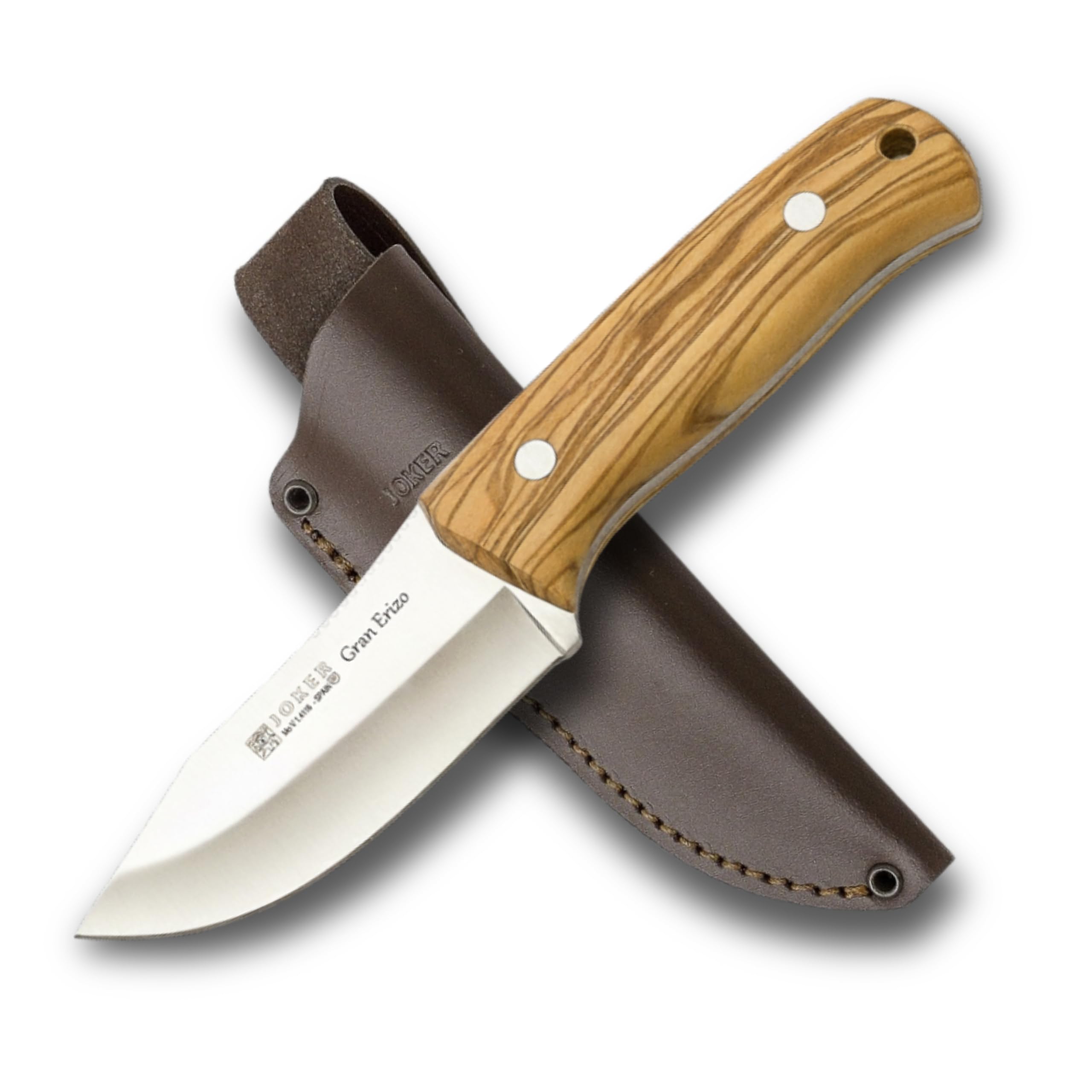 Joker "Gran Erizo CO145 Bushcraft Messer – Handgefertigt in Spanien, Olivenholzgriff, 9,5 cm MOVA 1.4116 Klinge aus rostfreiem Stahl, braune Lederscheide, ideal für Jagd, Angeln, Camping & Trekking