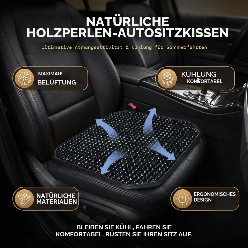 Holzperlensitz für Auto und Büro, 45x45 cm Atmungsaktive Sitzauflage mit Netzgewebe, Kühlendes Massage Sitzkissen, Rutschfester Sitzschoner für Autositz, LKW und Stuhl