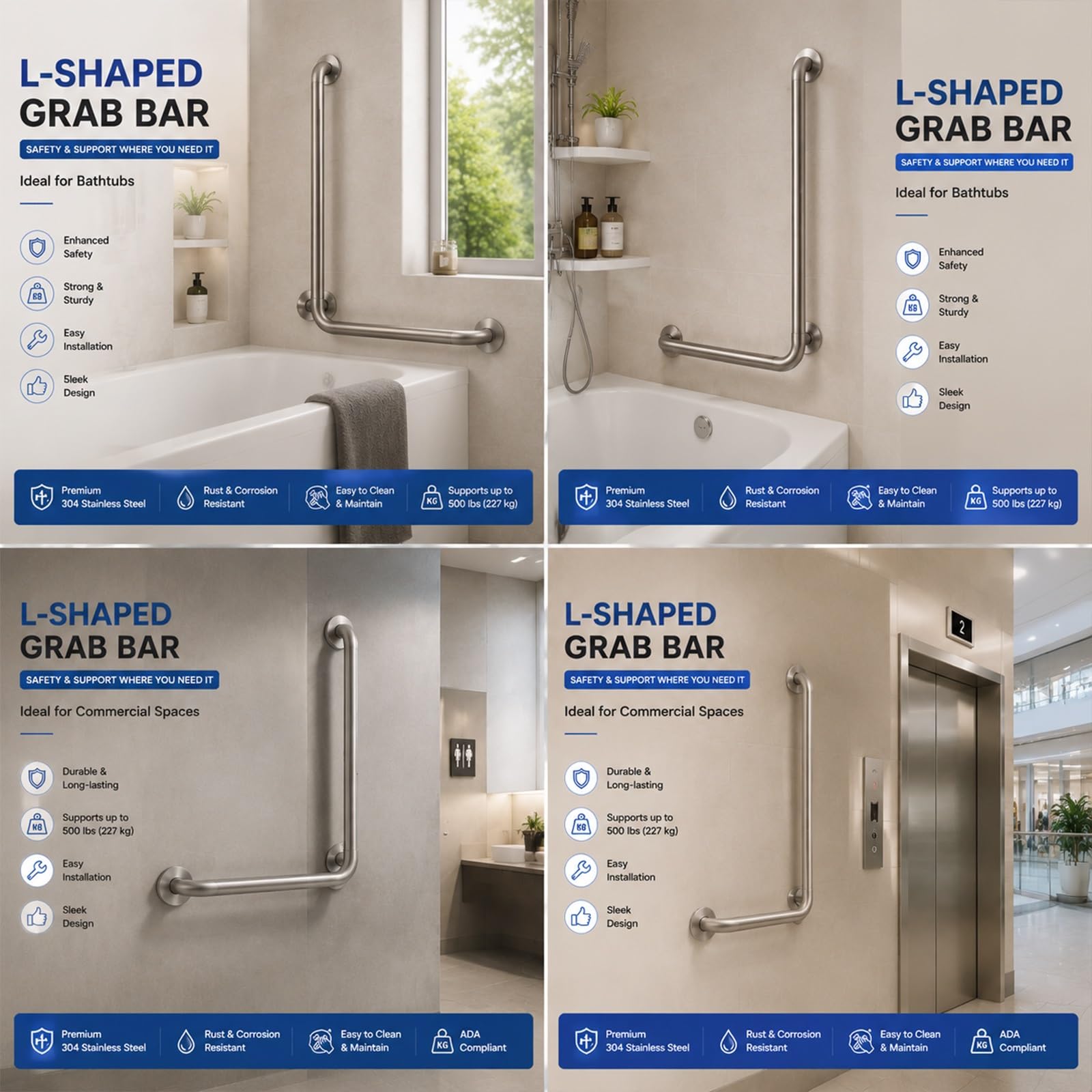 Barras De Agarre para Ducha, Barras De Seguridad ADA De Acero Inoxidable 304 para Bañeras, Duchas Y Sanitarios; Asa Texturizada para Personas Mayores(70 * 70cm)