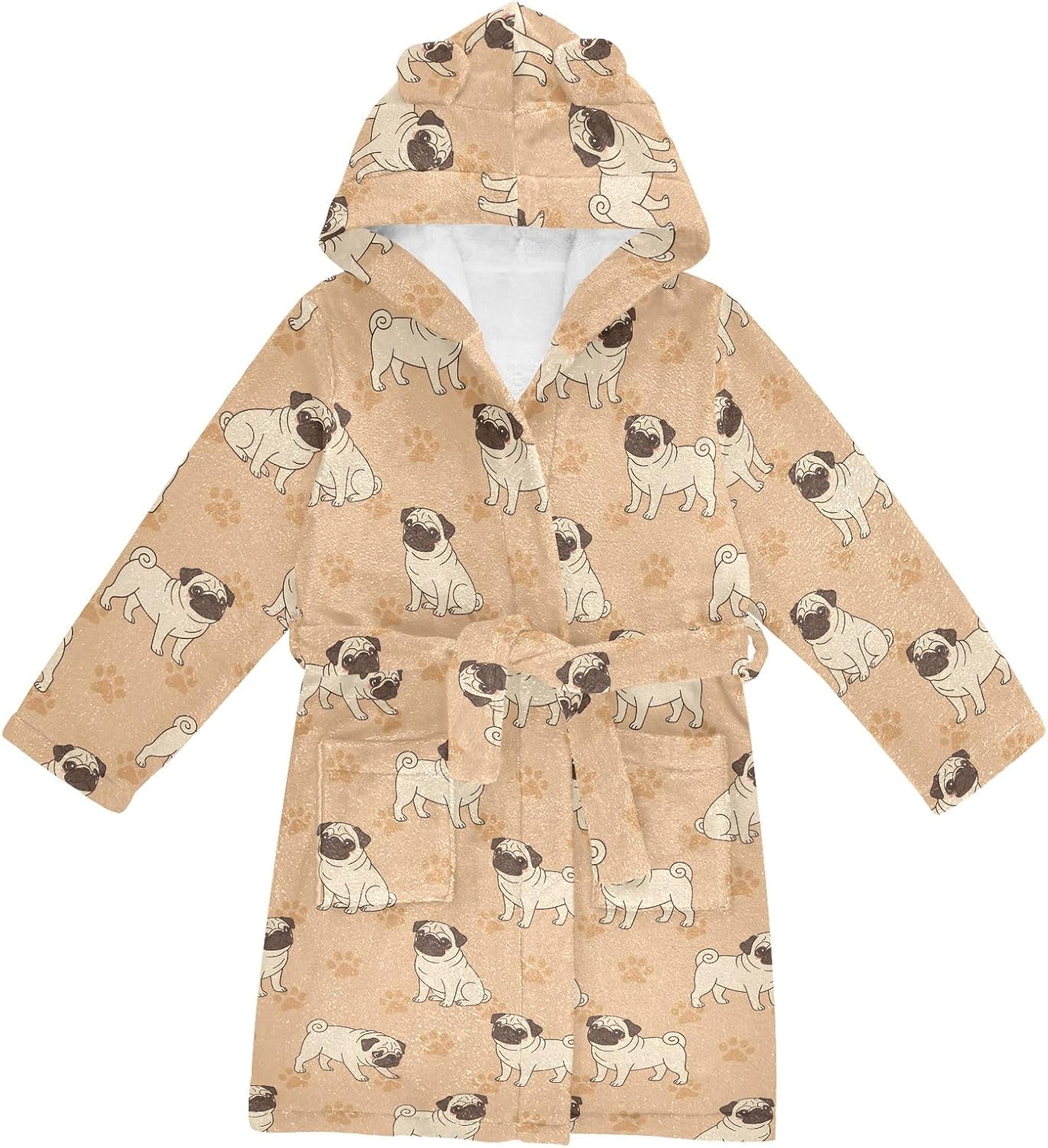 Pug Paw Prints Pattern Toddler Hooded Bathrobe for Boys Girls Soft Plush Bath Towel Robe 2-12 Years