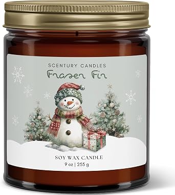 Snowman Christmas Candle, Fraser Fir Pine Scented Holiday Candle, Non-Toxic Soy Wax, Handmade in The USA