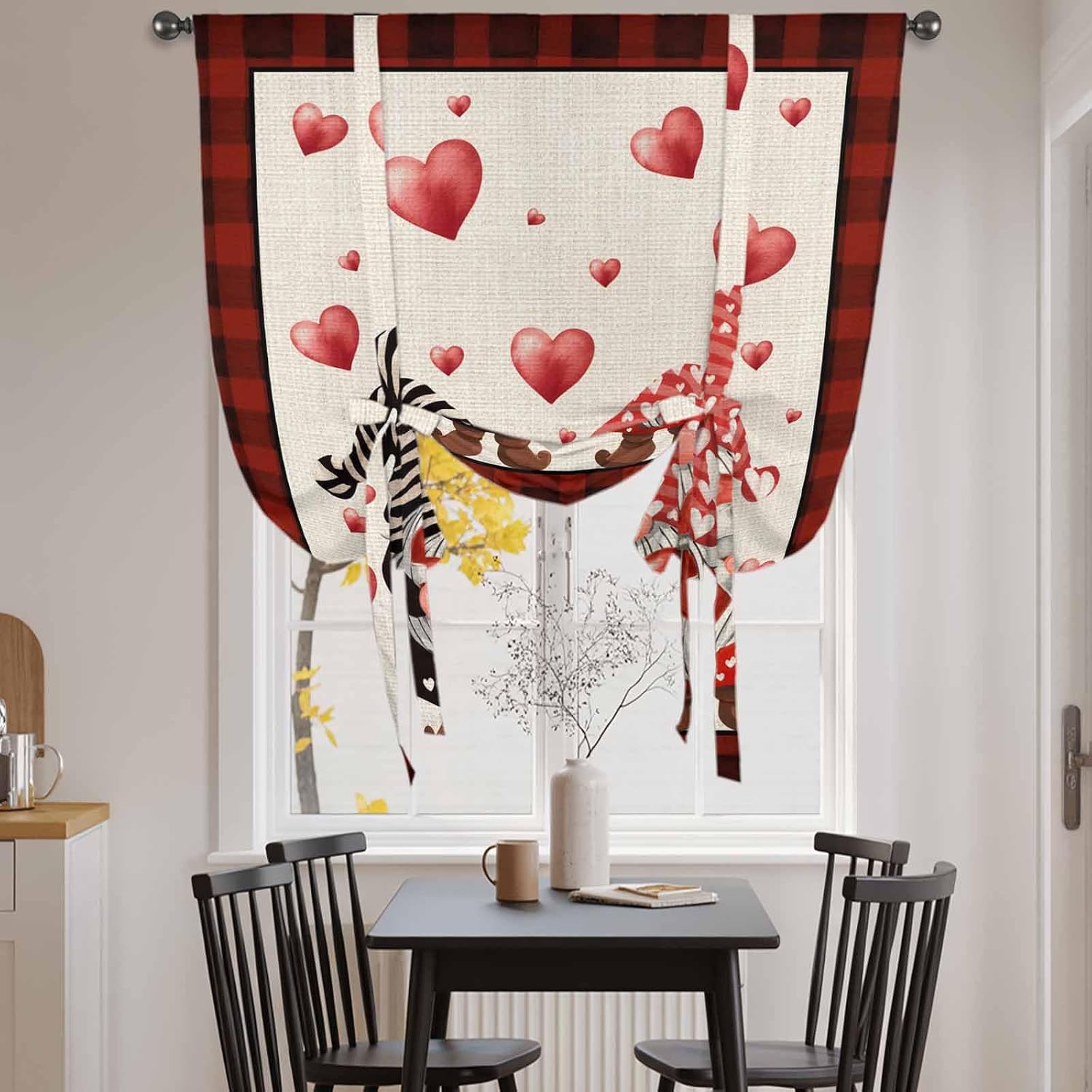 Valentine's Day Tie Up Curtains for Window, Love Gnomes Bow Red and Black Plaid Beige Thermal Insulated Balloon Shade Rod Pocket Curtains Valance Panels for Kitchen Bathroom Café 52'' x 45''