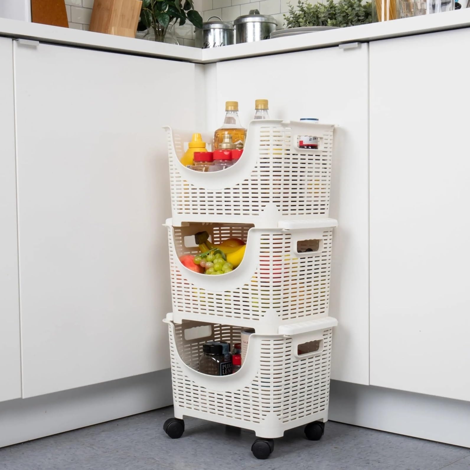 Cocina Contenitori portaoggetti impilabili a 3 livelli, carrello da portata in plastica, bianco, vassoio rimovibile, bar cucina Estante de almacenamiento