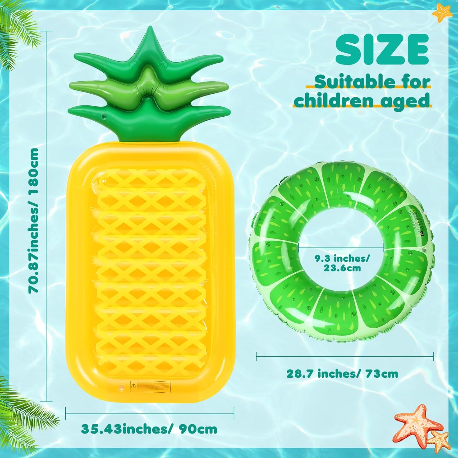 5 Pack Pool Floats Kids Fruit Inflatable Pool Floats Swim Ring Lemon Swim Tube Rings with Inflatable Surfboard for Kids Luau Hawaiian Beach Birthday Party Decoration