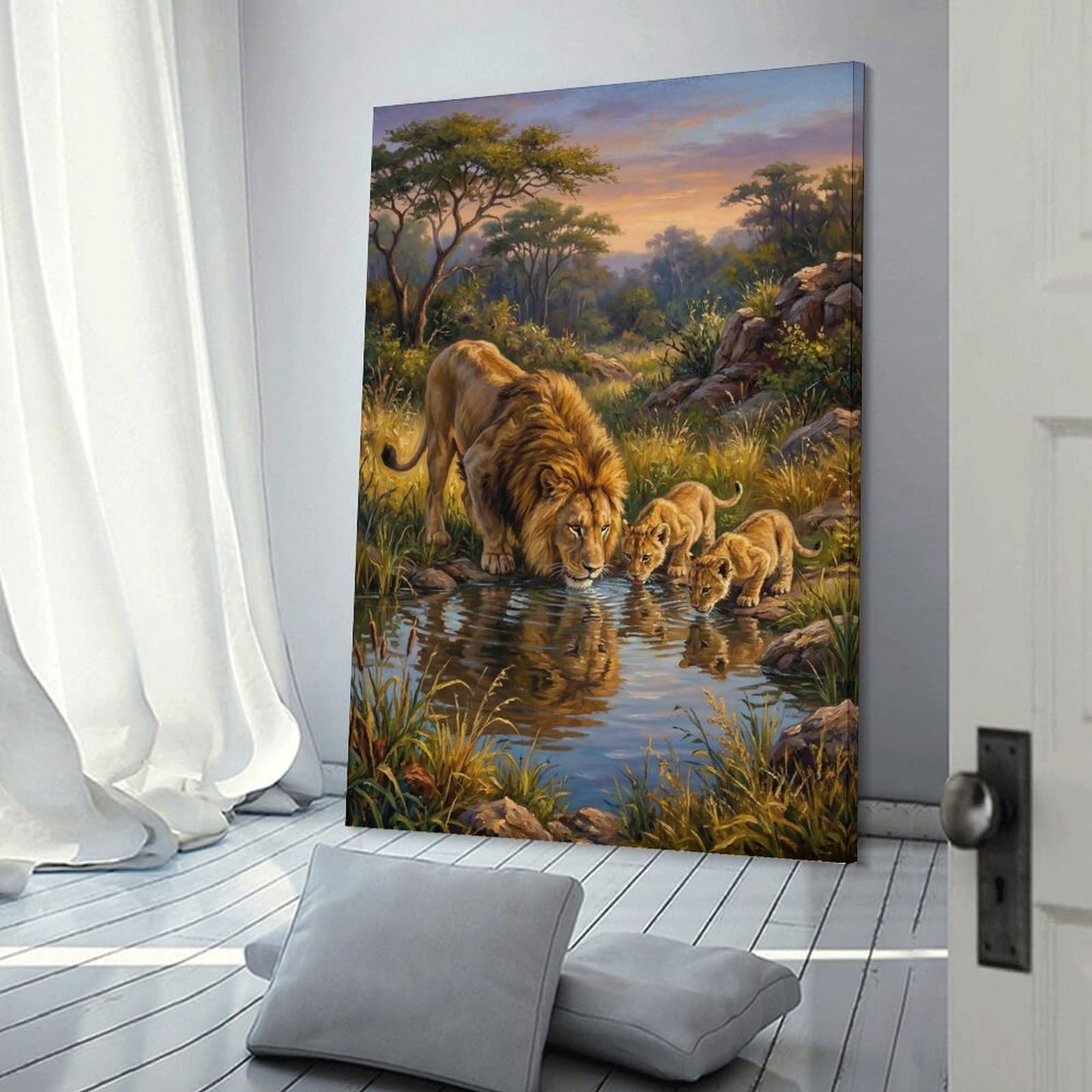 Junmoney Lion Family Drinks Water at Sunset Decorative Canvas Print 20x30inch(50x75cm), for Study, Office Or Focused Interiors, Wall Art That Adds Style to Work Areas