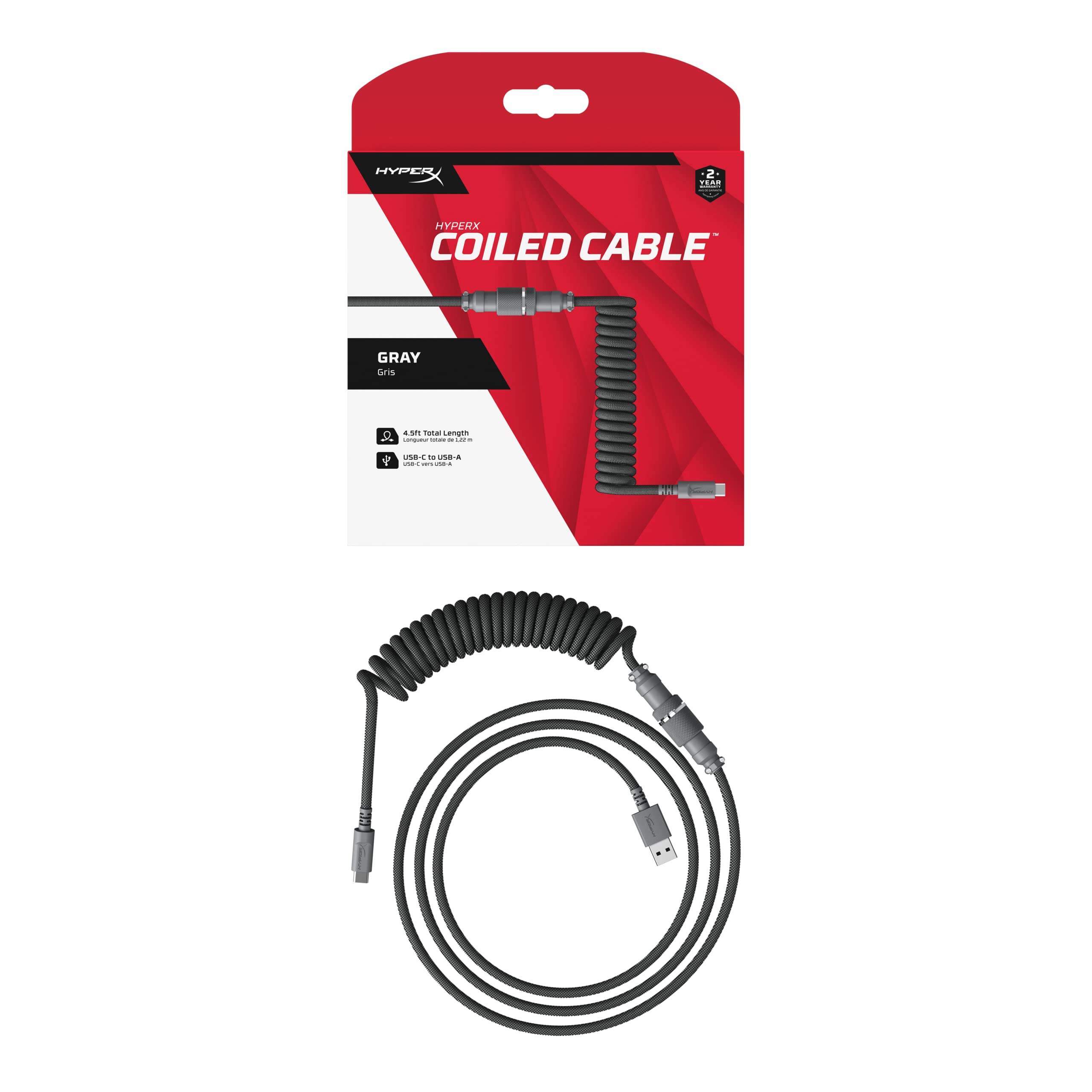 HyperX Cavo a spirale flessibile, Collegamento USB-A/USB-C, Connettore aviator a 5 terminali a sgancio rapido, Collegamento per tastiera, Design a doppia guaina telata resistente, Grigio