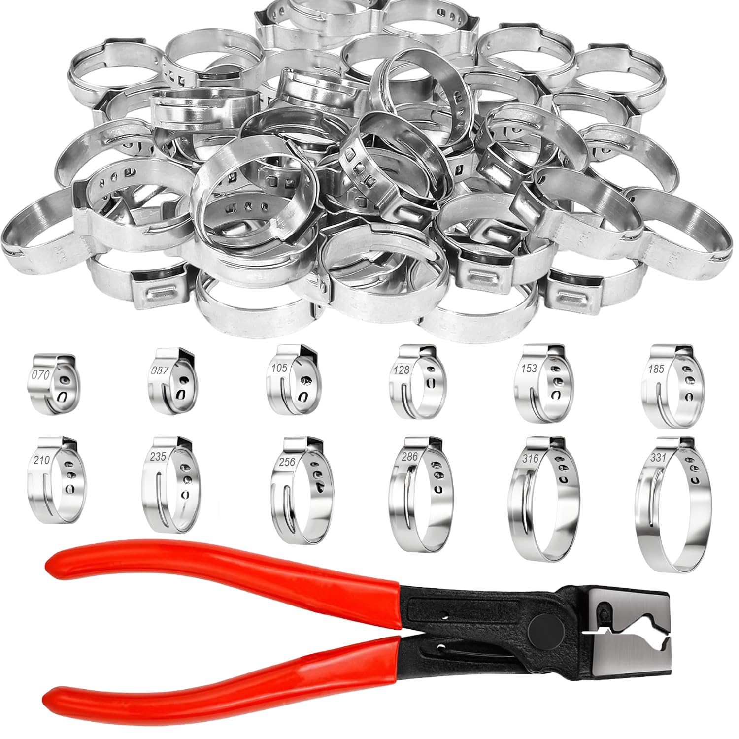 180 Fascette Stringitubo in Inox da 304 e 1 Paio di Pinza per Sigillare Tubi del Carburante Tubi del Liquido Refrigerante ecc 12 Misure di Fascette Metalliche (5.8-33.1 mm) e Pinze Multiuso