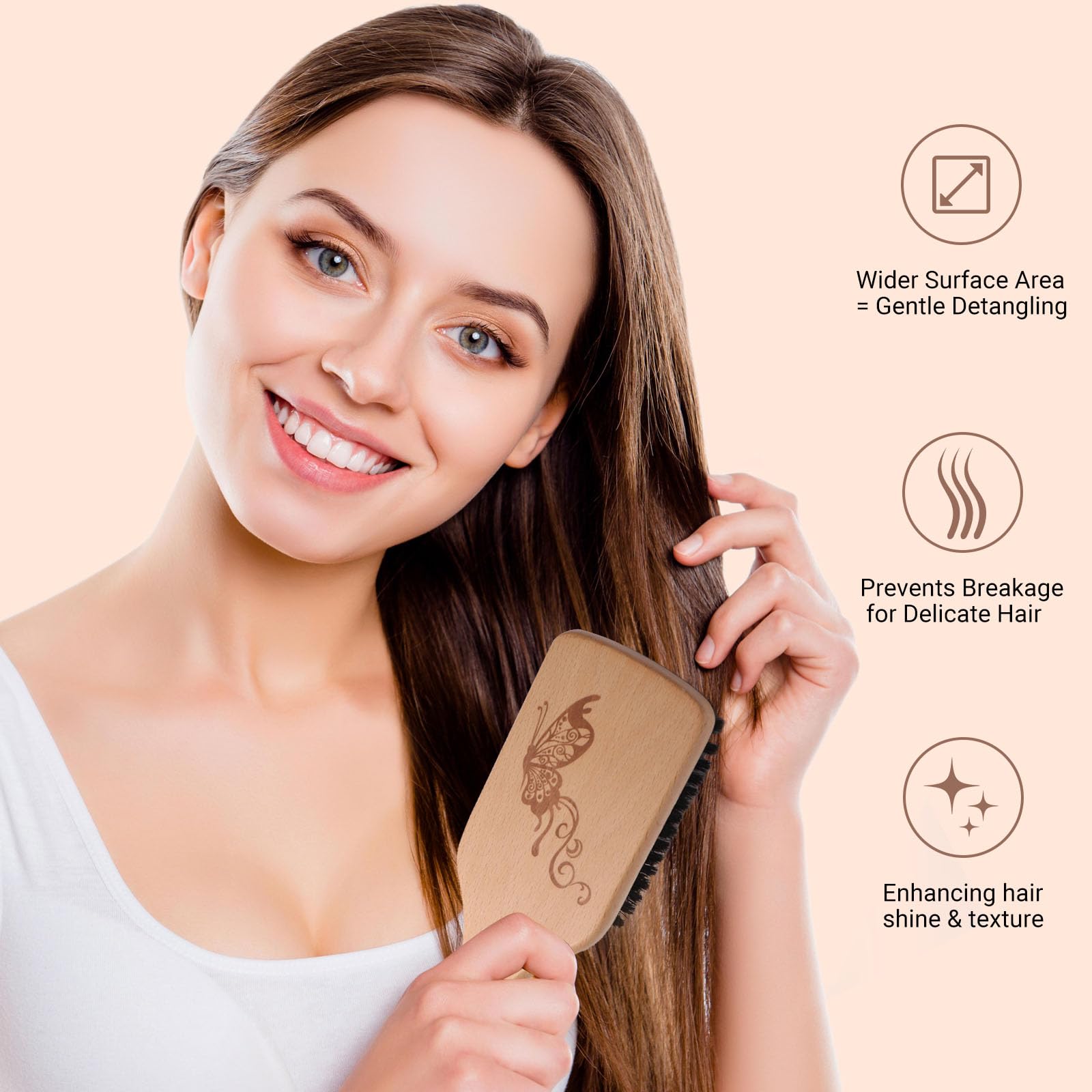 URTHEONE 100% Pure Boar Bristle Hair Brush Set 3 Piece Large and Mini Size with Wide Tooth Comb for Fine Thin Short Hair Frizz Control Shine Scalp Massage Gift - Image 3
