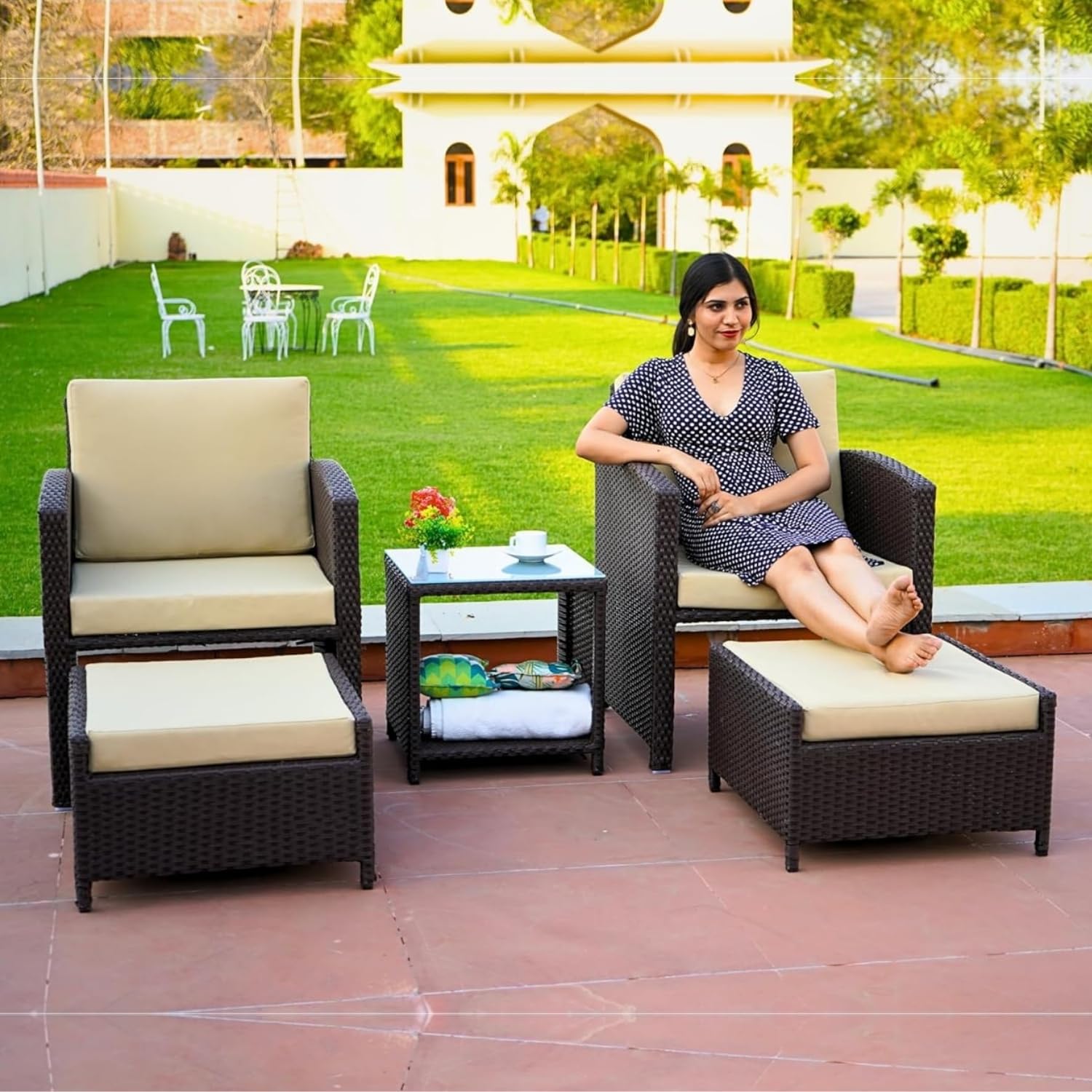 Outdoor 5 Piece All Weather Rattan Wicker Patio Sofa Set with Water Resistant Cushioned Chairs with Glass Top Table & Ottomans for Garden, Pool, Porch, Backyard (Dark Brown & Cream)