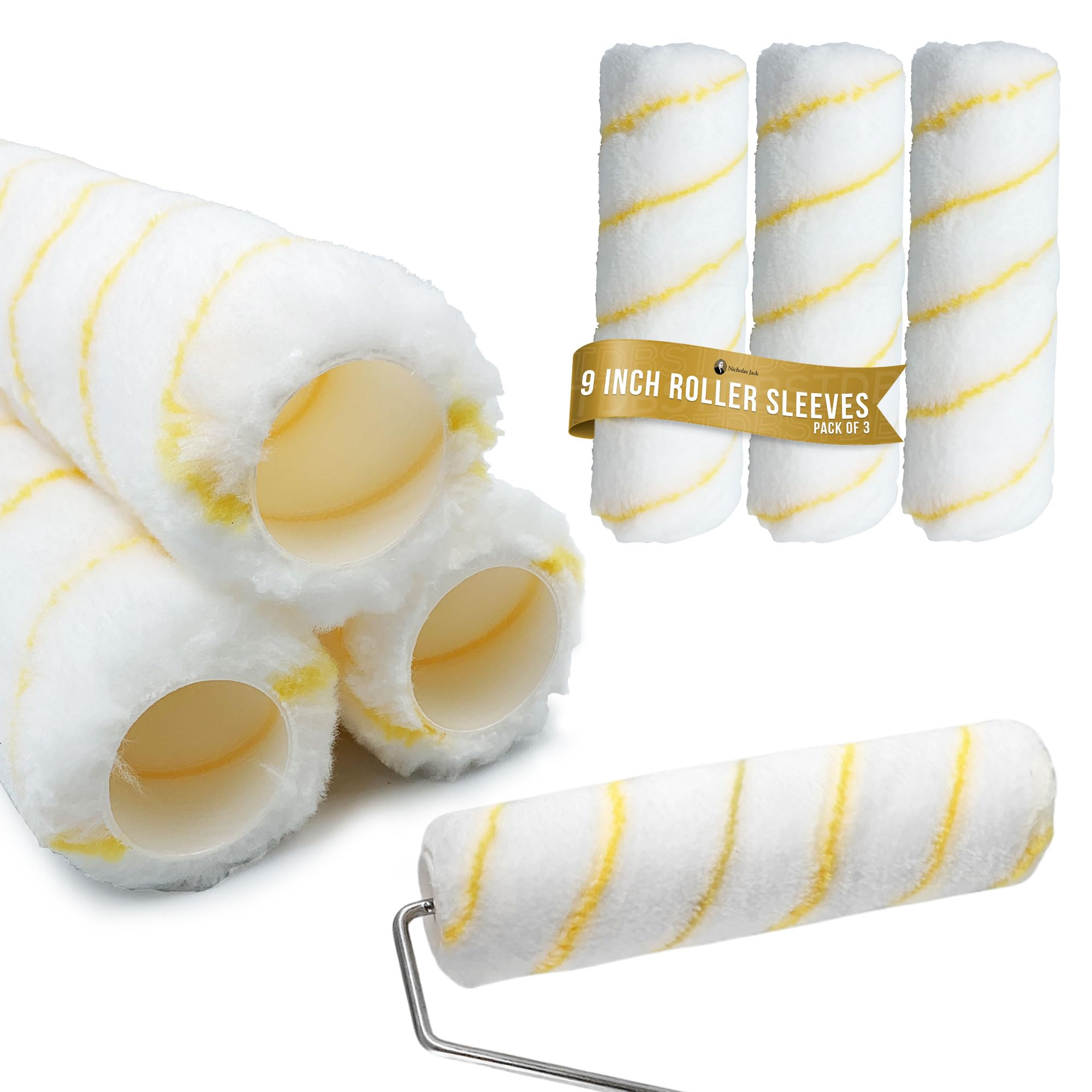 Nicholas Jack 9 Inch Roller Sleeves, Pack Of 3 Rollers For Painting Walls And Ceilings With 1.5" Standard Fitting ? Professional Paint Rolle 5060785160233