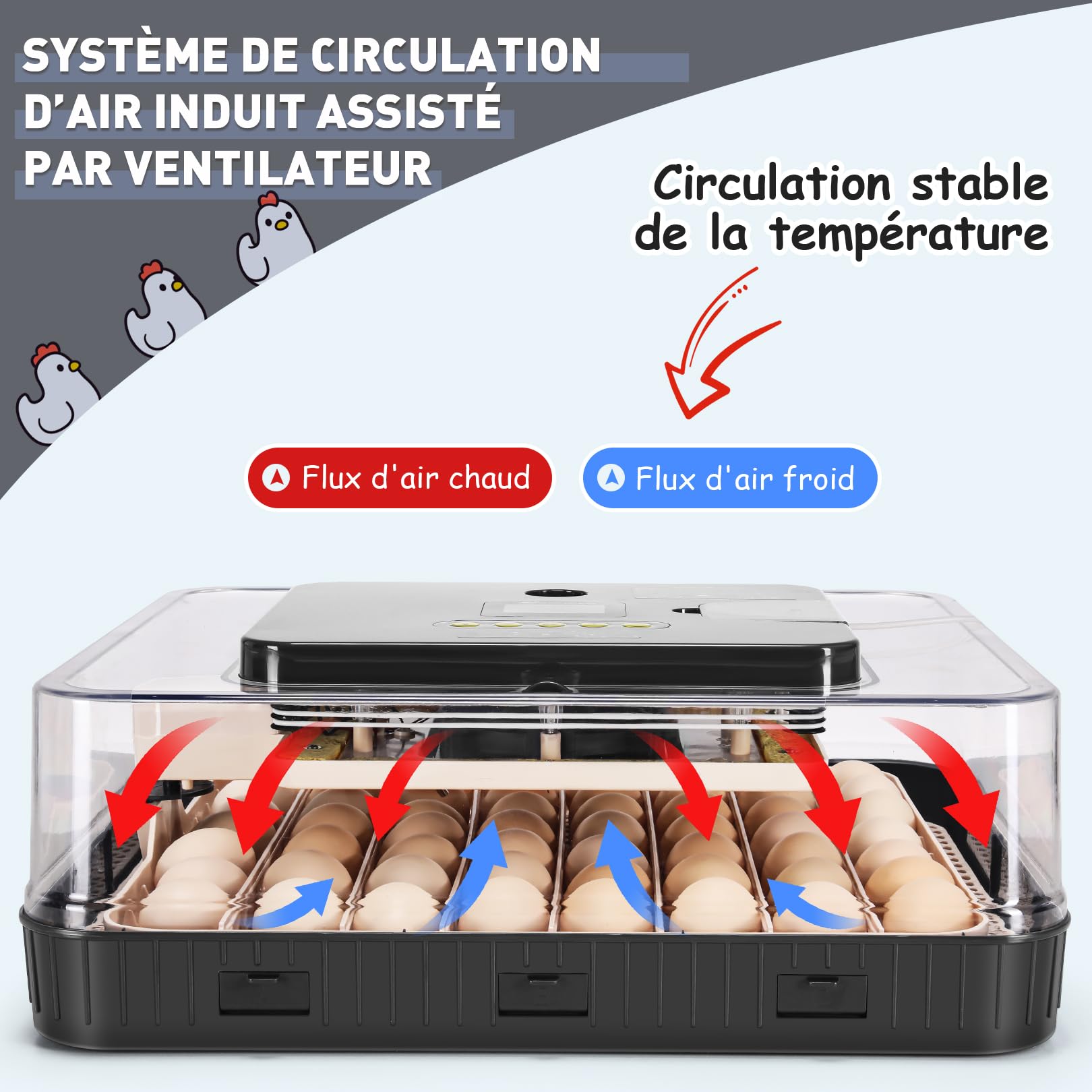 Sailnovo Couveuse 56 Oeufs Incubateur Oeuf Automatique avec Retournement Automatique des Oeufs et Humidification Automatique, Parfait pour les laboratoires, les écoles et les fermes, Gris