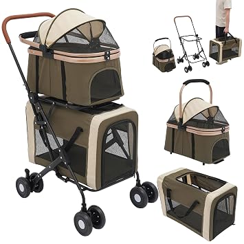 2-Tier Pet Stroller for 2 Dogs/Cats, 77lbs Capacity, Foldable Double Carrier, 300D Oxford, Steel Frame, Breathable Mesh, 360 Wheels, Storage Bag, Dark Green, Multifunction Travel Military Green