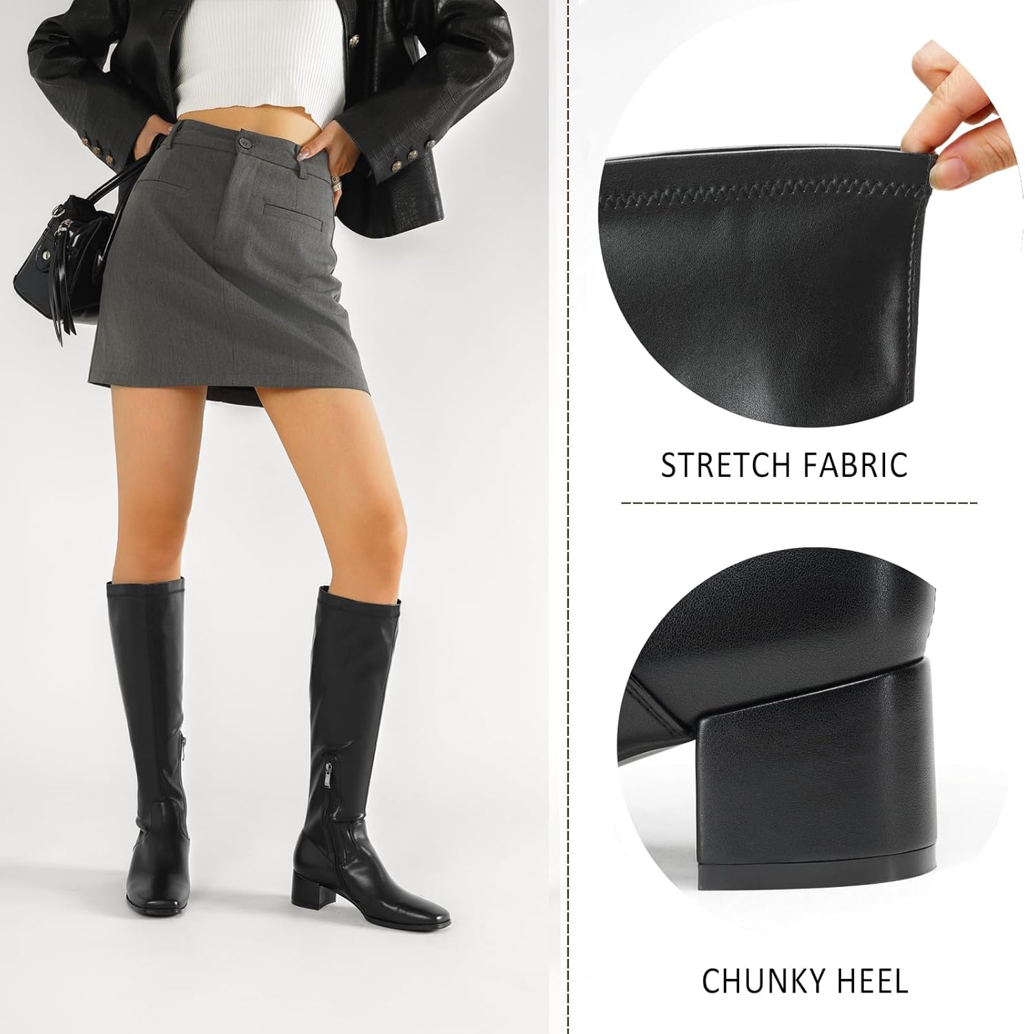 Cozivwaiy Women's Knee High Boots Stretch Black Tall Boot Square Toe Pu Leather Comfortable Chunky Low Heel Dressy Shoes Side Half Zipper - Image 5