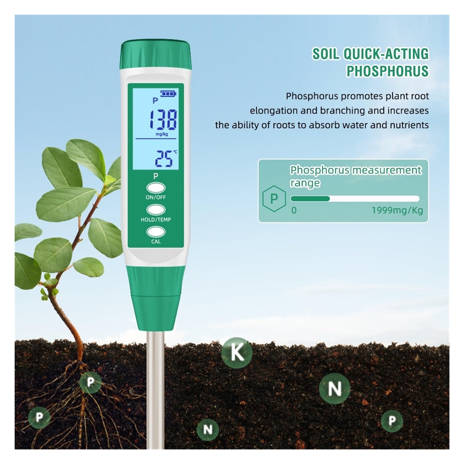 Medidor digital de NPK for suelo, analizador nutrientes nitrógeno, fósforo y potasio acción rápida, comprobador fertilidad Agricultura y actividades al aire libre