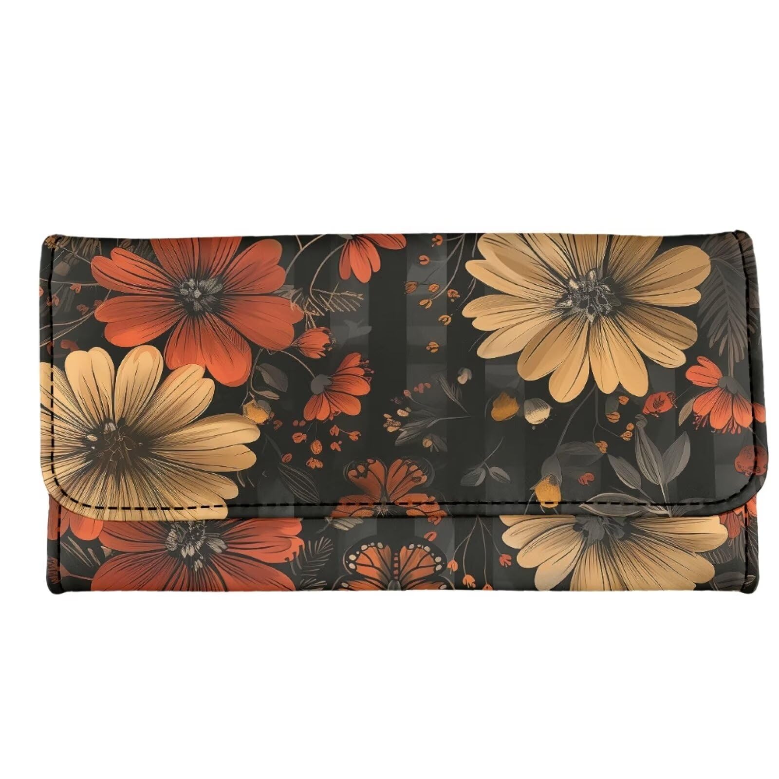 Howilath Dry Leaf Butterfly Floral Print Women Long Pu Leather Trifold Wallet with Credit Card Holder Large Capacity Clutch Purse