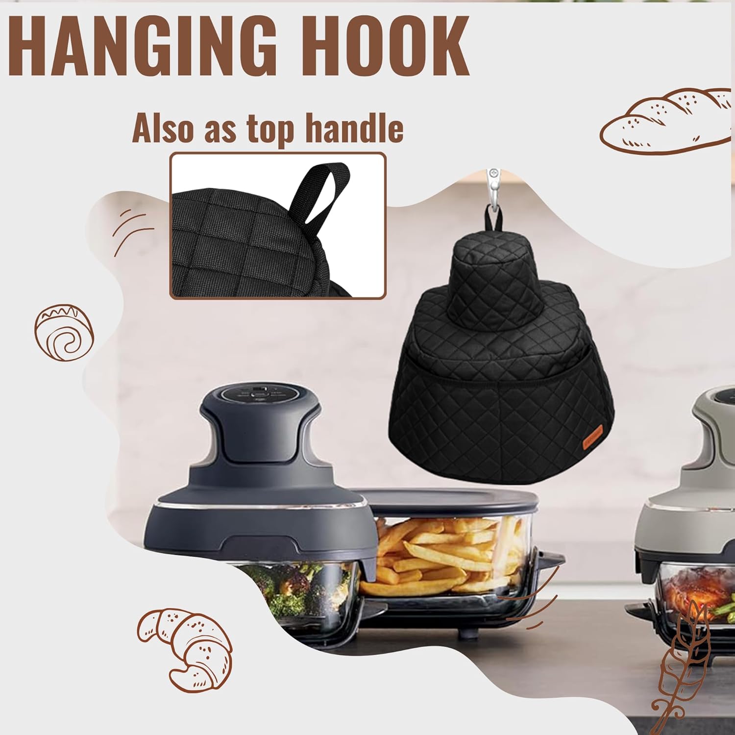 CROTIRAD Glass Air Fryer Dust Cover Compatible with Ninja Crispi, Portable Hanging Cover with Pockets for Ninja Crispi Air Fryer, Black