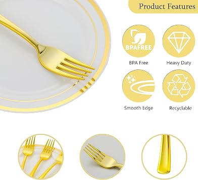200pcs Gold Dessert Plates with Forks for 100 Guests-100pcs 7.5 Small Plastic Dessert Plates and 100pcs 7.4 Forks-Disposable Cake/Appetizer/Salad Plate for Wedding/Birthday/Party