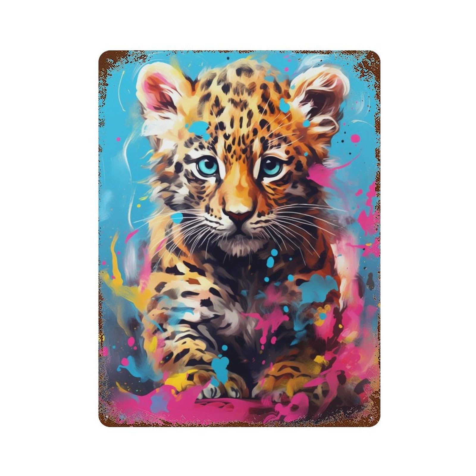 Colorful Leopard Cub Art Print Vintage Metal Tin Sign 15.7"x11.8", Ideal for Basement, Hobby Room And Garage Decor