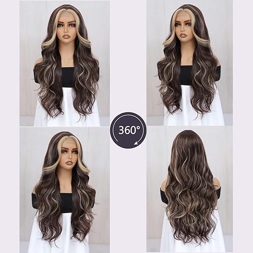 Miniatura 6 de Novolook Peluca larga ondulada con reflejos rubios para mujer, color marrón oscuro mezclado con rubio, parte media, peluca ondulada de aspecto