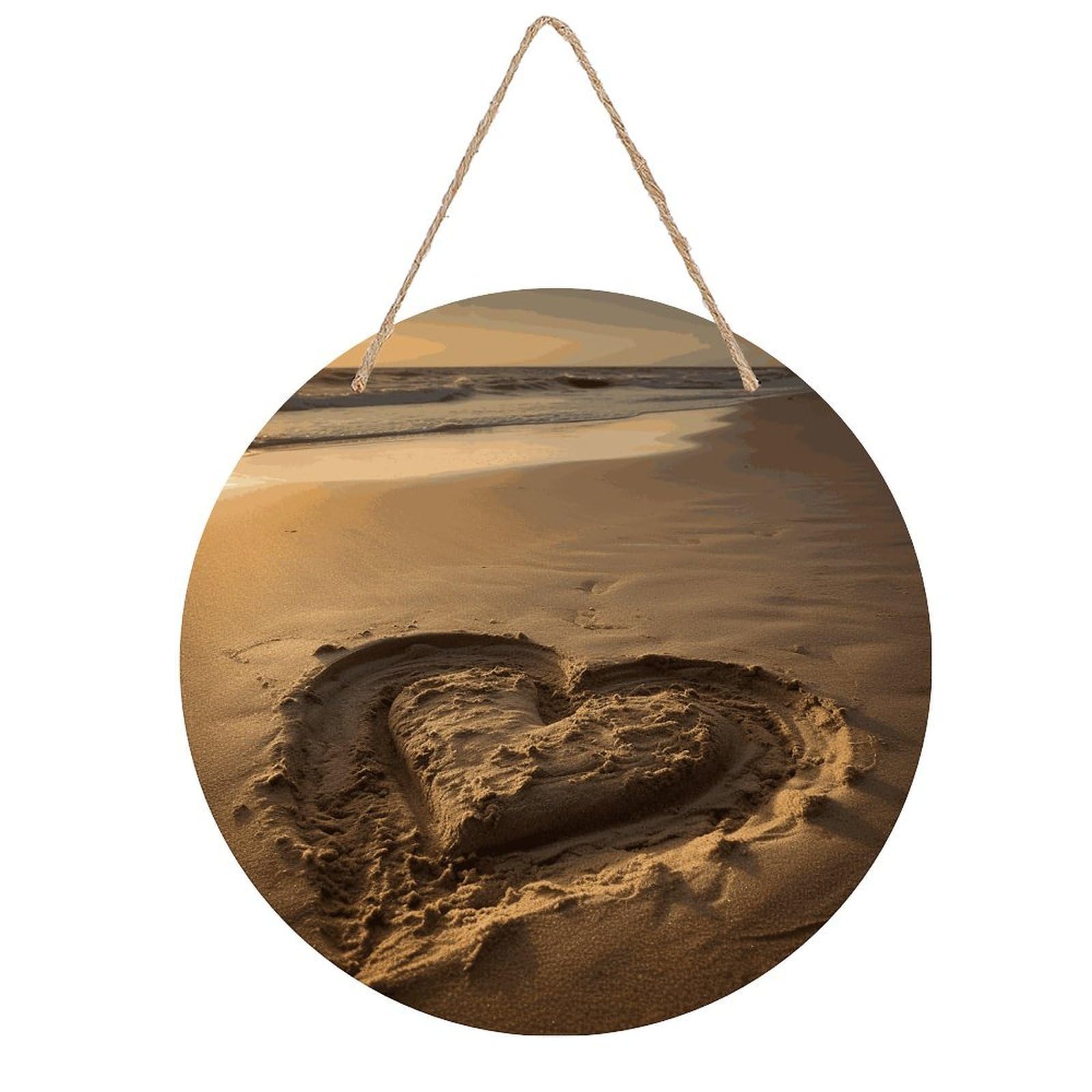 FekiLoot Hearts Drawn on The Beach Wall Art Decor Round Wood Hanging Sign Decoration Wooden Circle Door Sign Round Hanging Decorative Wood Plaque Door Hanger for Home Outdoor Indoor Decoration