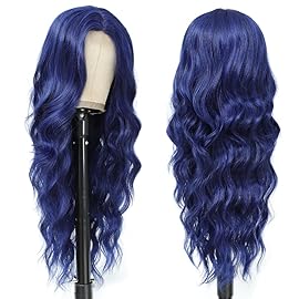 HMHIFI Blue Mixed Black Wigs for Women Long Wavy Blue Wig Natural Middle Part Synthetic Curly Hair Heat Resistant Fiber Hair Replacement Wigs for Daily Party